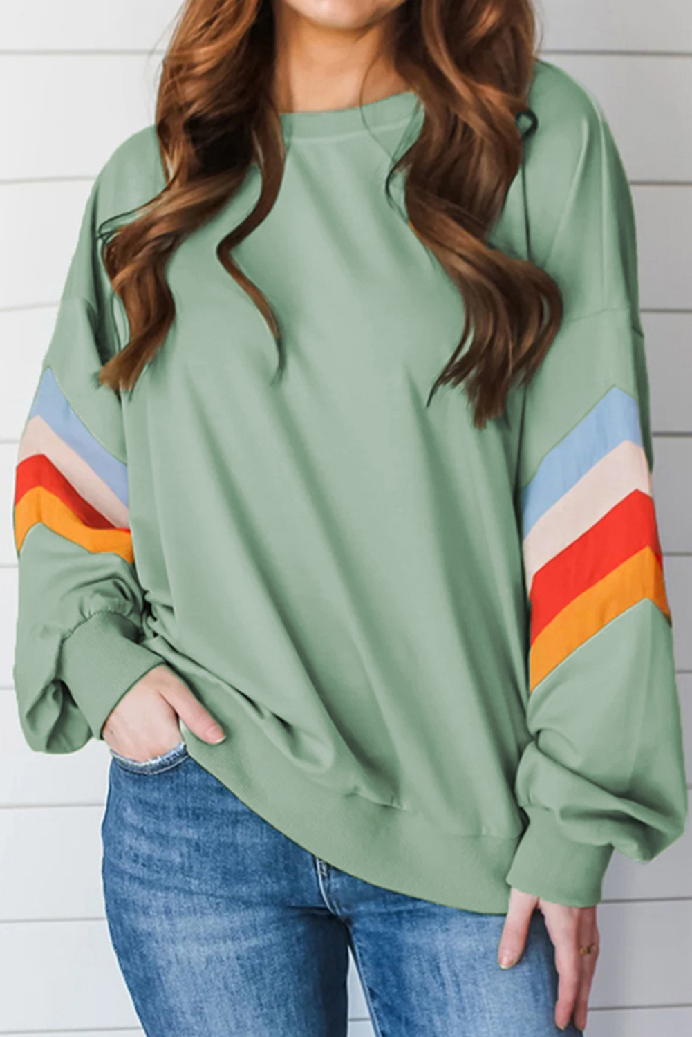Moonlight Jade Rainbow Striped Sleeve Crew Neck Loose Sweatshirt - loveforevers