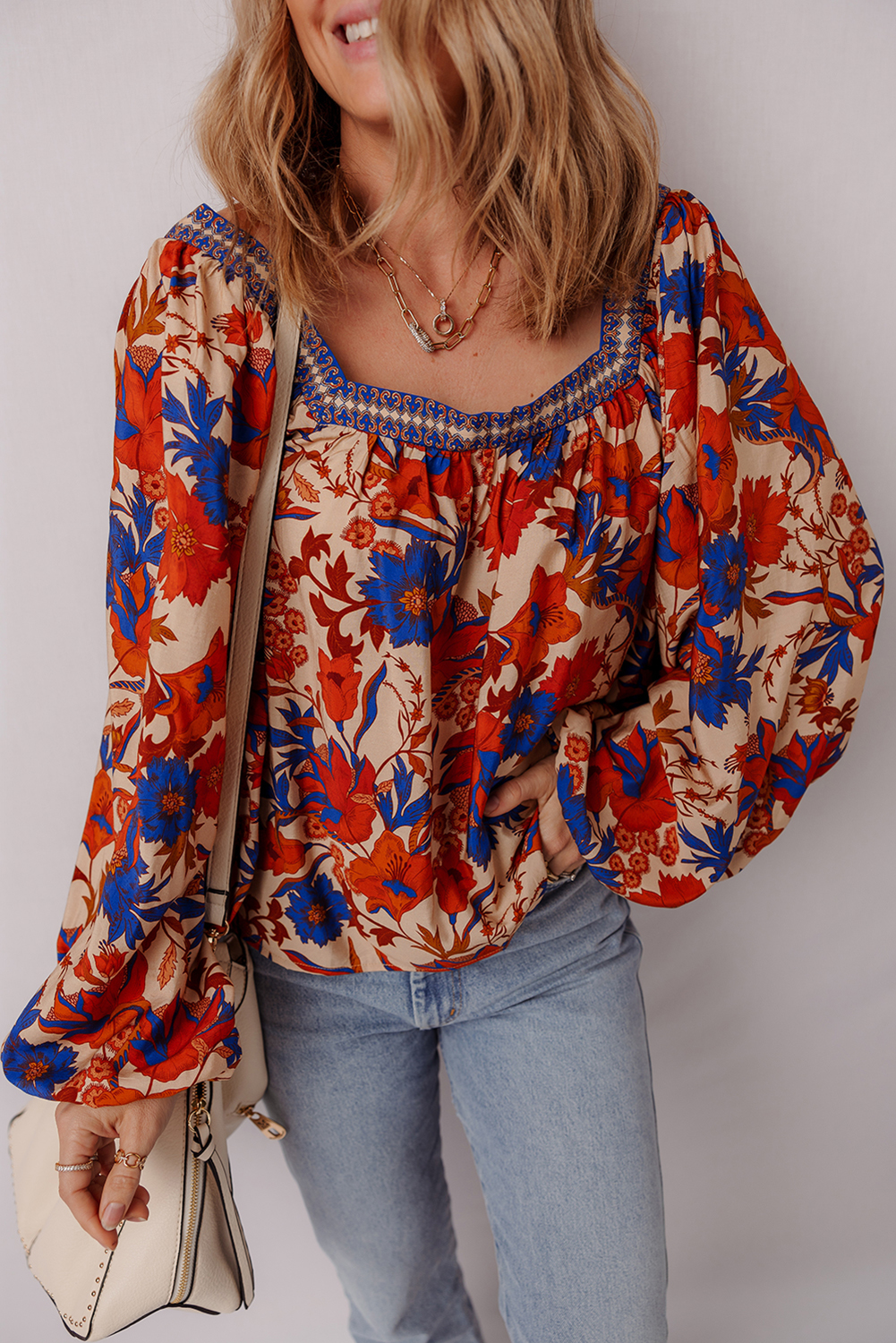 Multicolour Floral Print Square Neck Backless Loose Fit Blouse - loveforevers