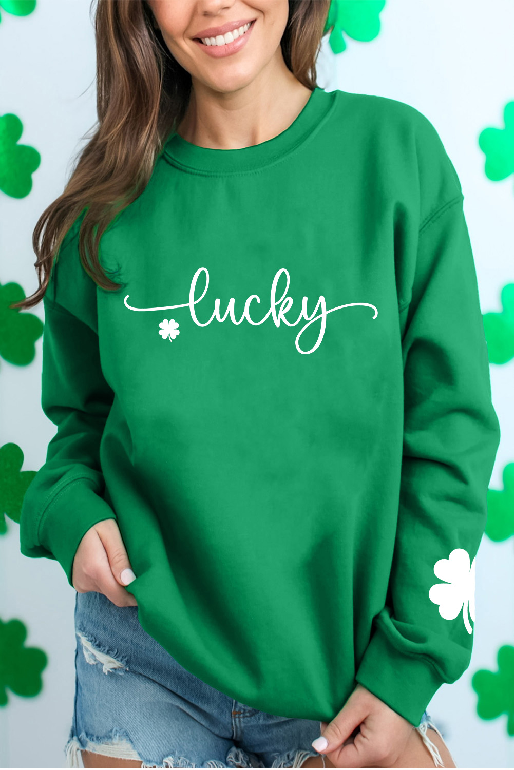 Dark Green Lucky Four Leaf Clover Graphic St Patricks Pullover Sweatshirt - loveforevers