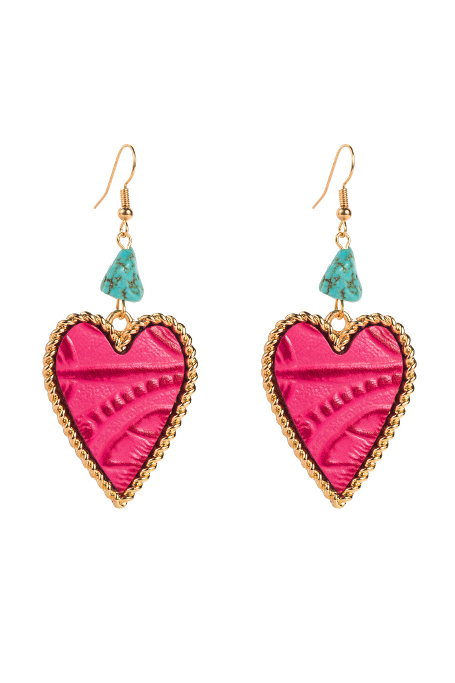 Rose Red Playful Heart Dangle Turquoise Detail Open Hook Earrings - loveforevers