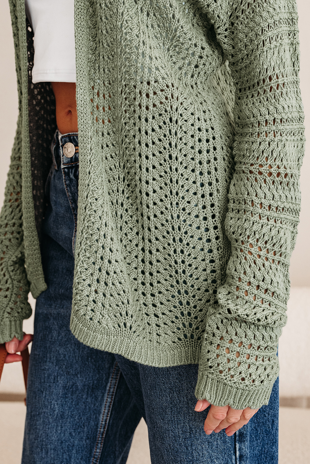 Green Bay Scalloped Edge Eyelet Knit Batwing Sleeve Cardigan - loveforevers