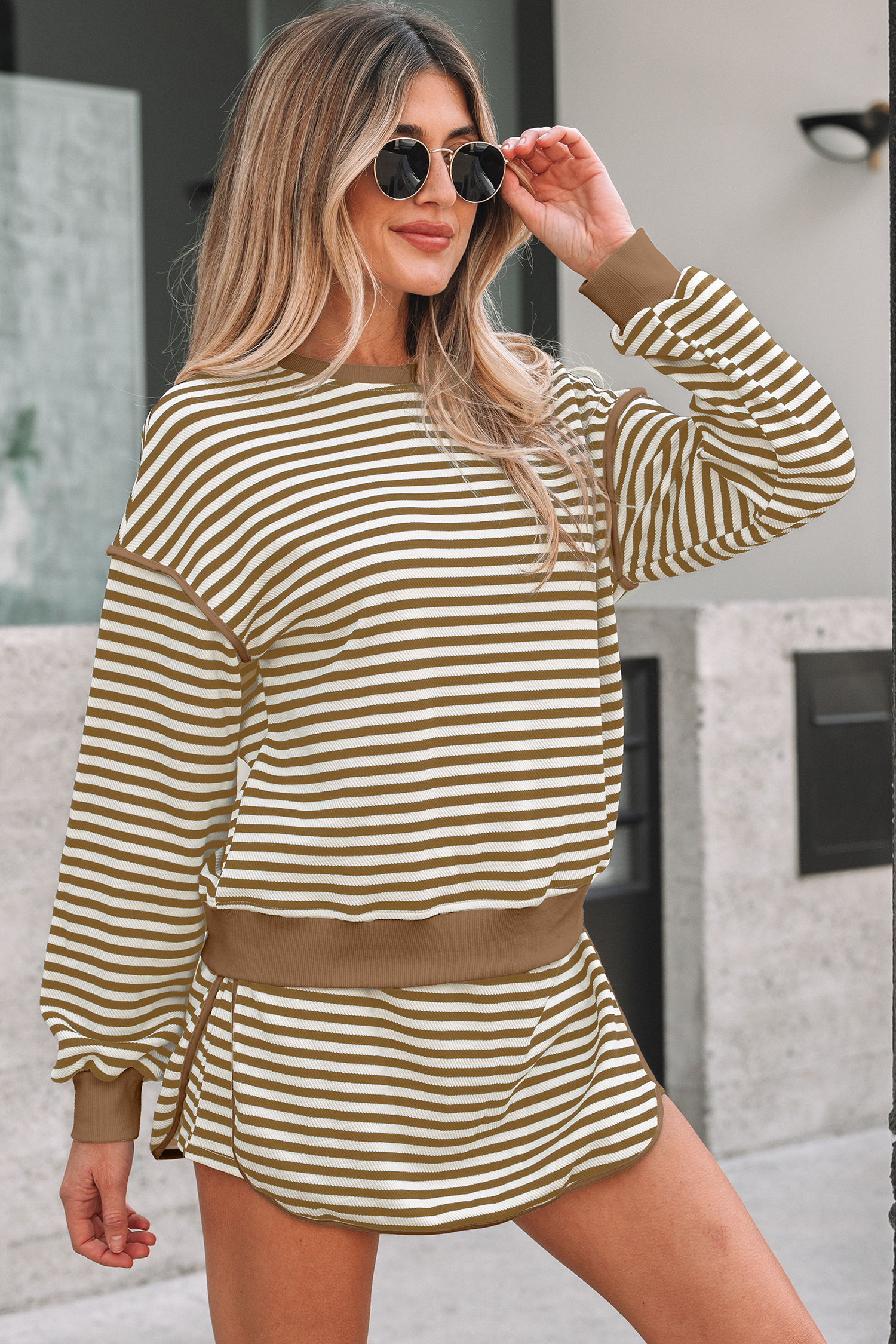 Black Stripe Textured Drop Shoulder Pullover Top Drawstring Mini Skort Two Piece Dress Set - loveforevers