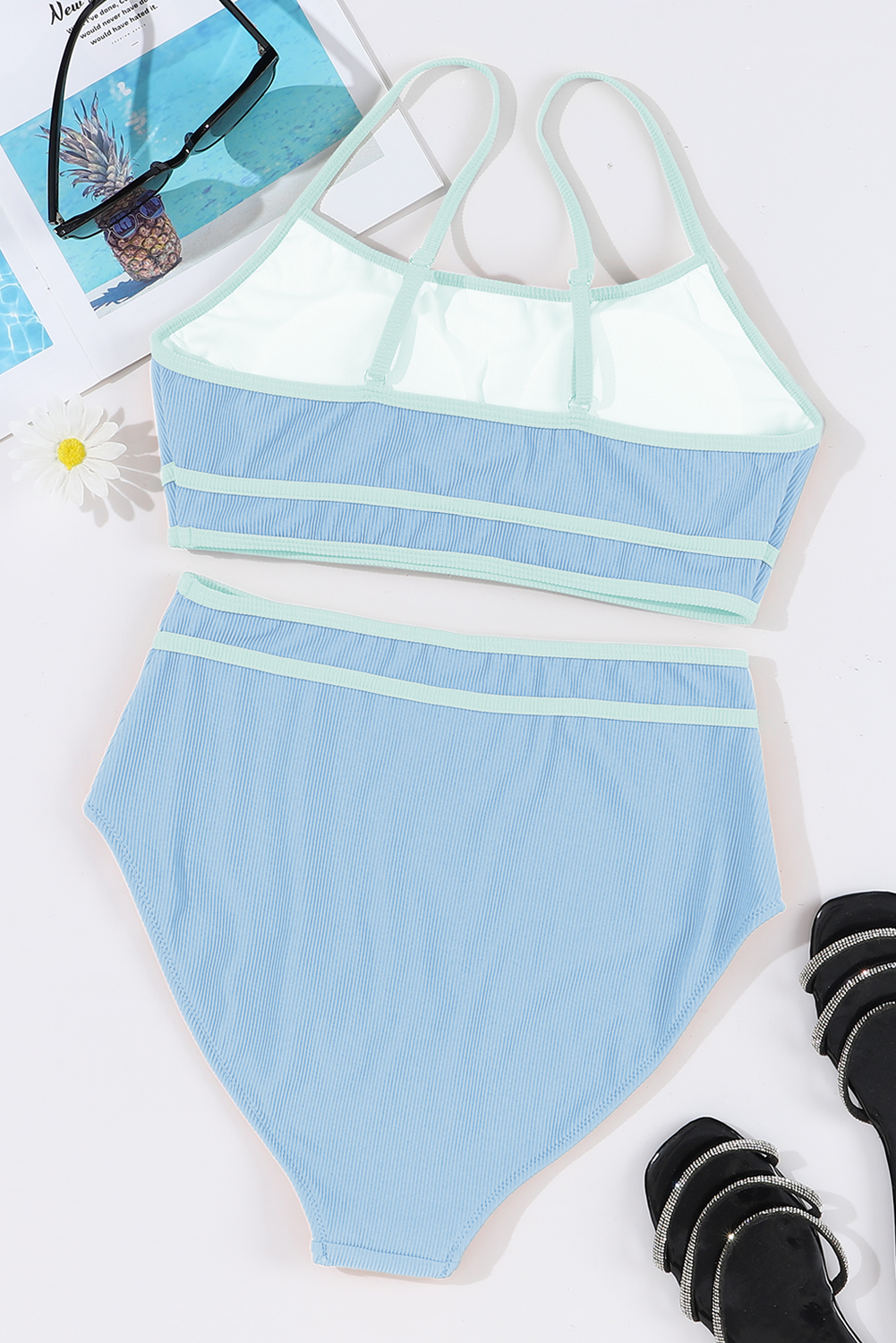 Beau Blue Stylish Ribbed Contrast Trim Spaghetti Straps 2pcs Bikini Swimsuit - loveforevers