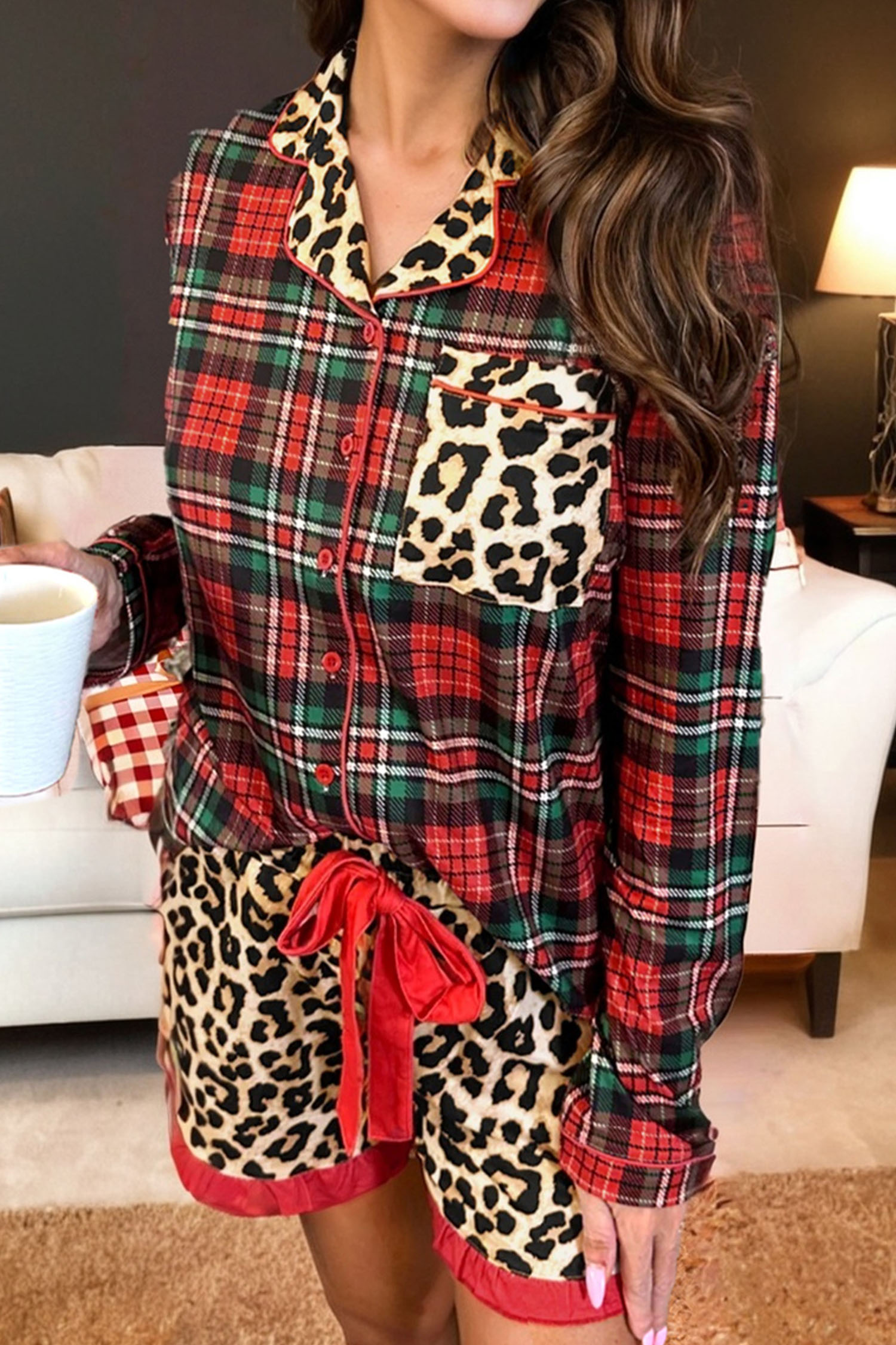 Racing Red Retro Plaid Leopard Print Patchwork Long Sleeve Shorts Pajama Set - loveforevers
