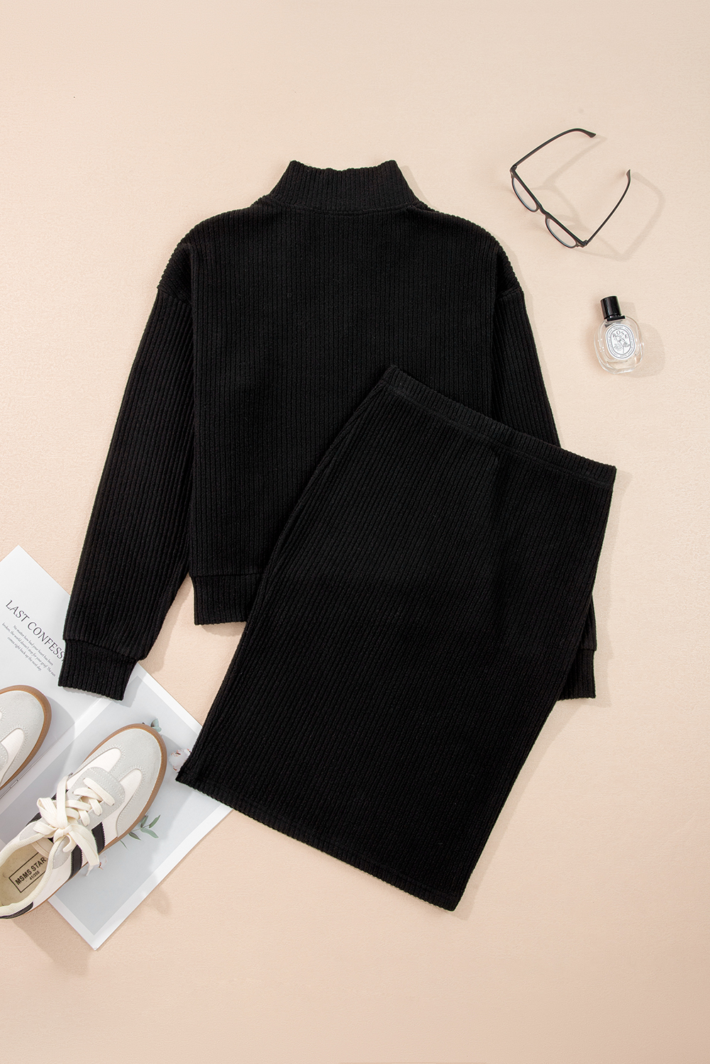 Black Ribbed Zip Stand Neck Drop Shoulder Pullover Bodycon Skirt 2pcs Set - loveforevers