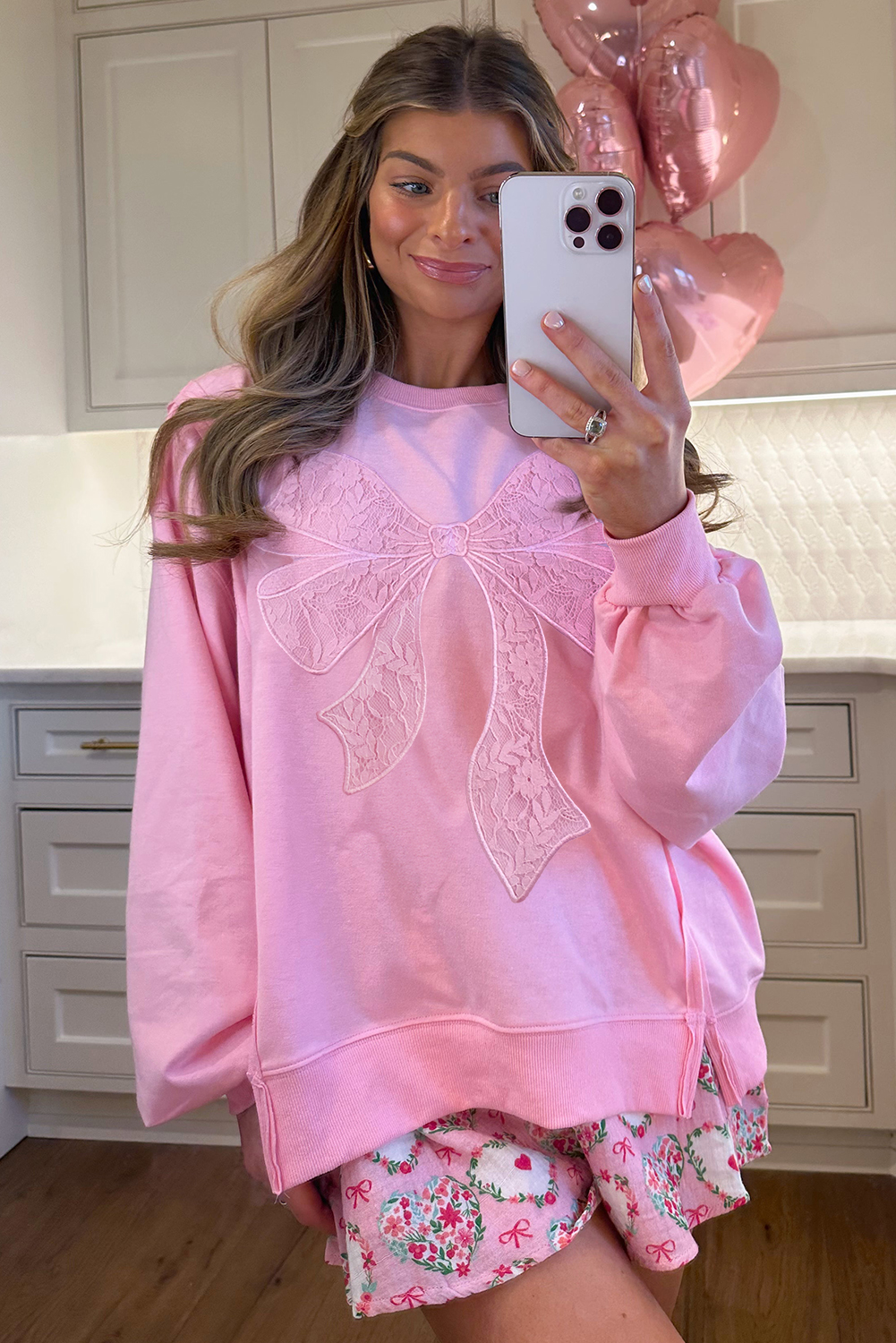 Bonbon Lace Insert Bow Embroidered Exposed Seam Sweatshirt - loveforevers