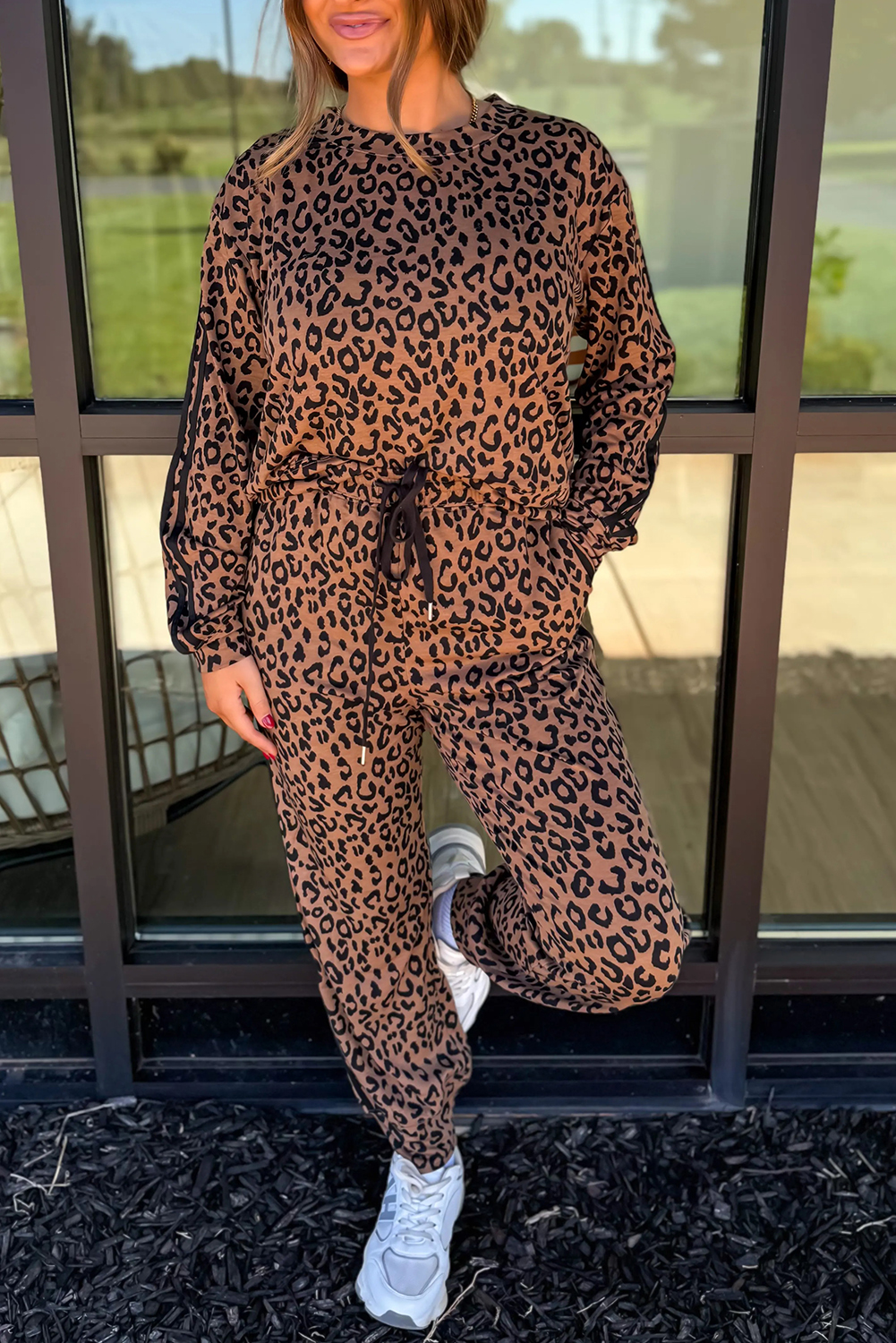 Brown Varsity Striped Trim Leopard Long Sleeve Top Drawstring Pant Set - loveforevers