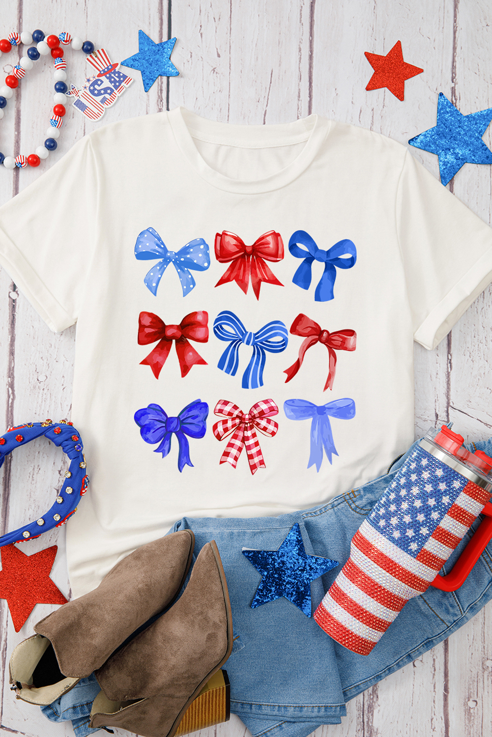 White USA Inspire Bow Print Crewneck Independence Day Tee - loveforevers