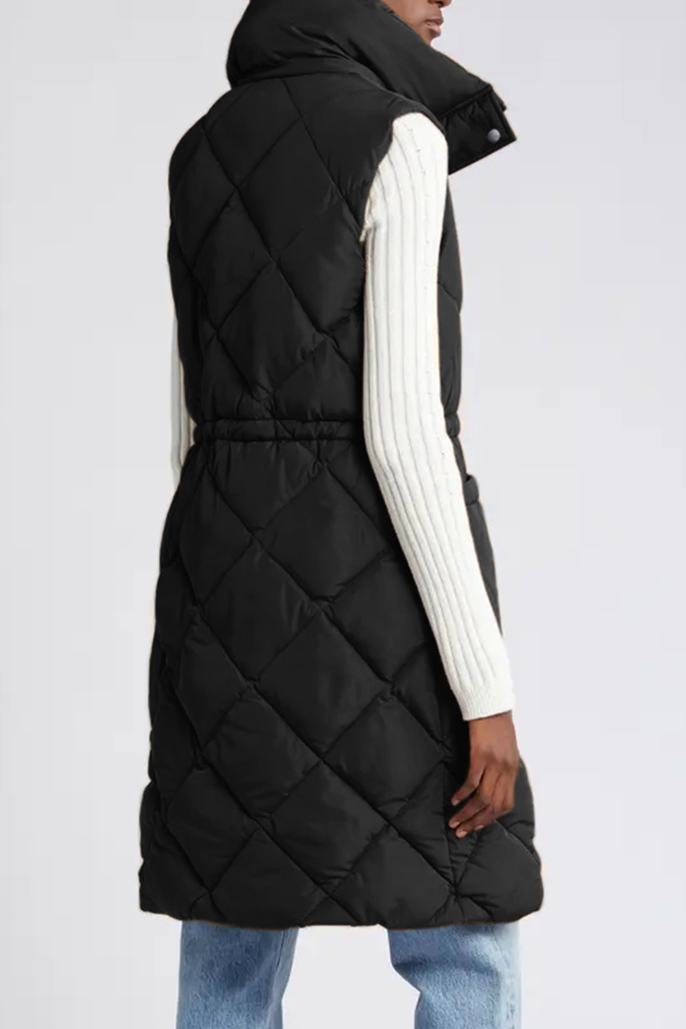 Black Longline Quilted Stand Collar Puffer Vest - loveforevers