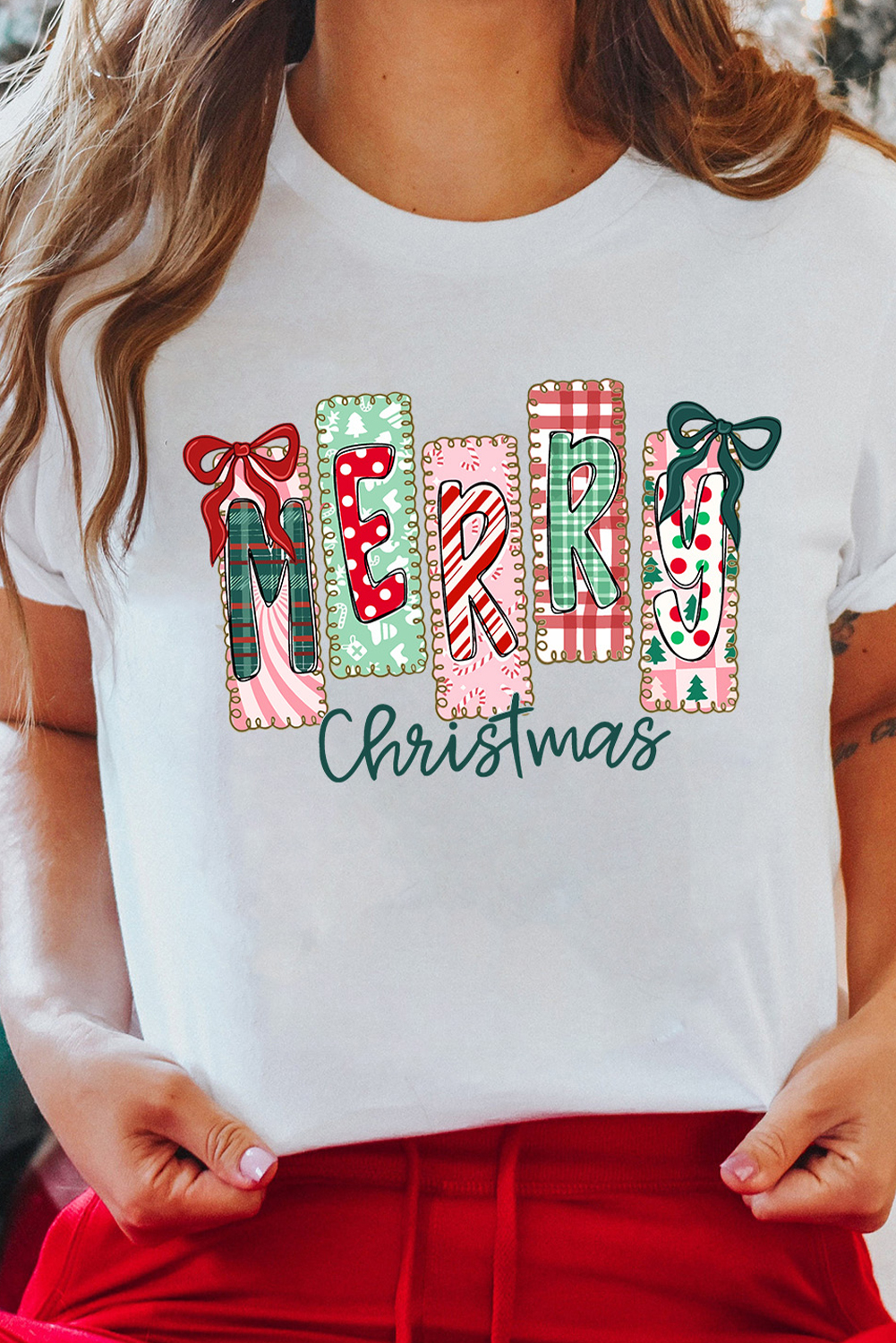 White Merry Christmas Ribbon Bow Detail Holiday Graphic Tee - loveforevers