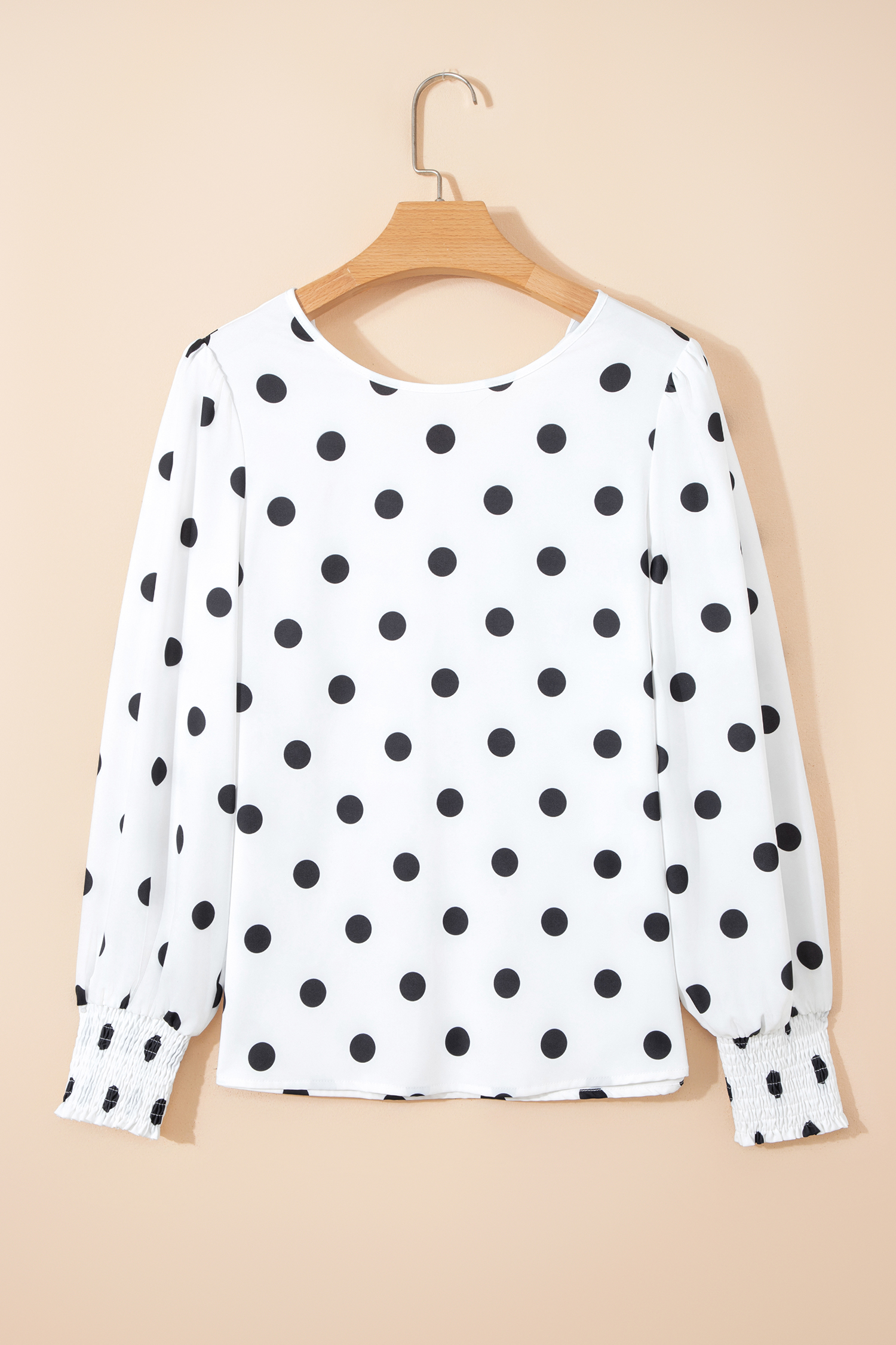 White Polka Dot Print Round Neck Frilled Long Sleeve Blouse - loveforevers