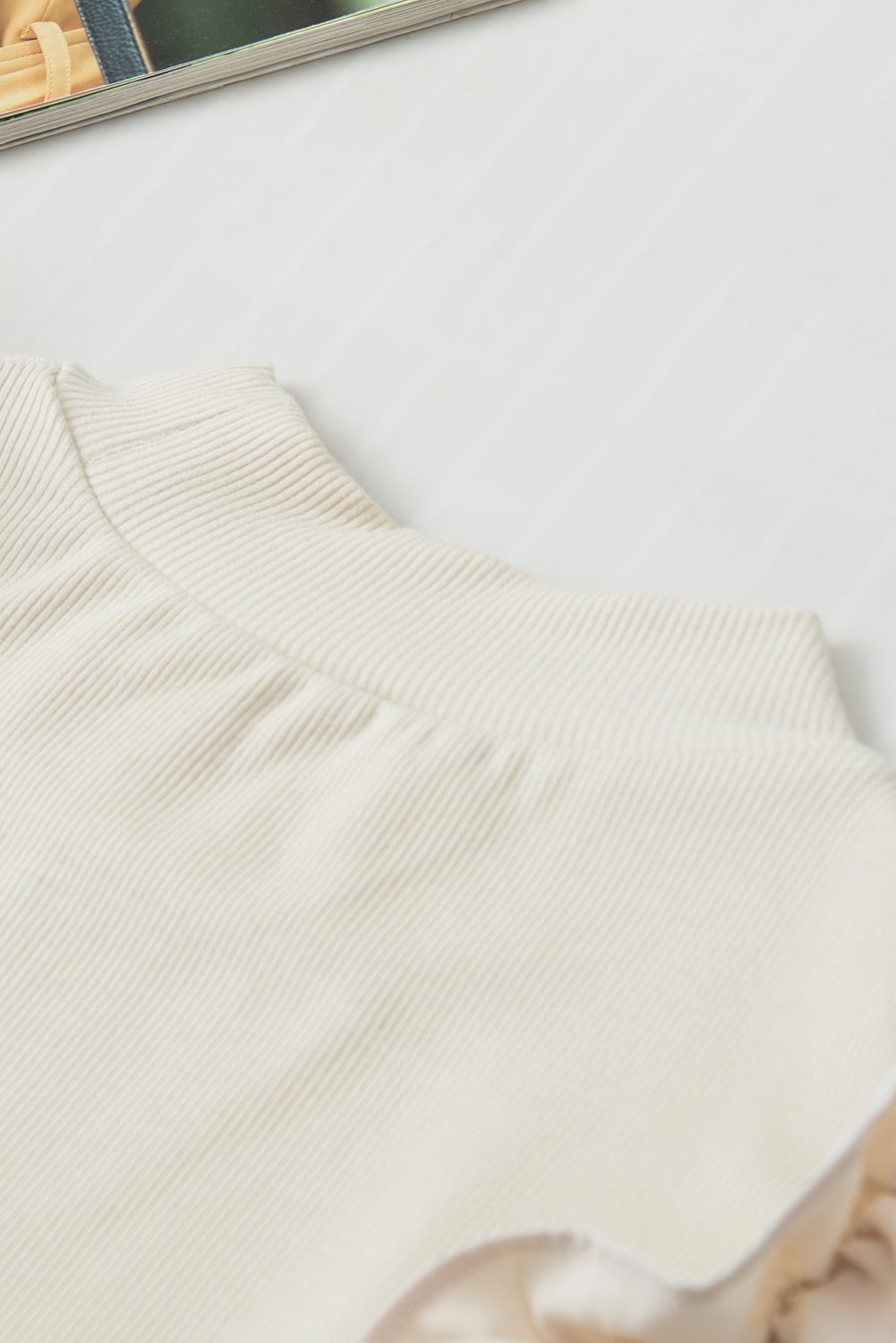 Beige Ruffle Flutter Sleeve High Neck Ribbed Blouse - loveforevers