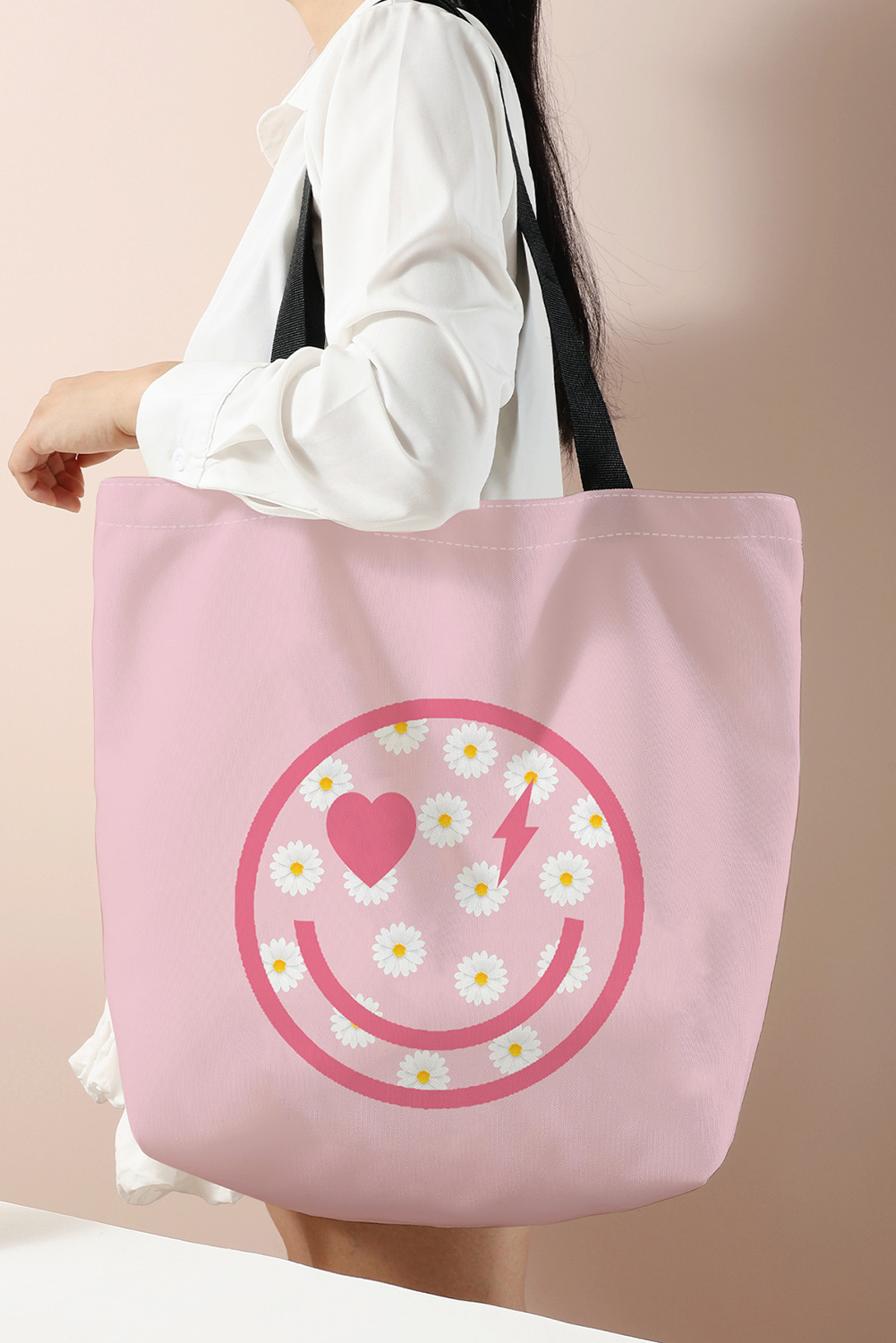 Pink Smiley Face Daisy Print Canvas Large Capacity Tote Bag - loveforevers