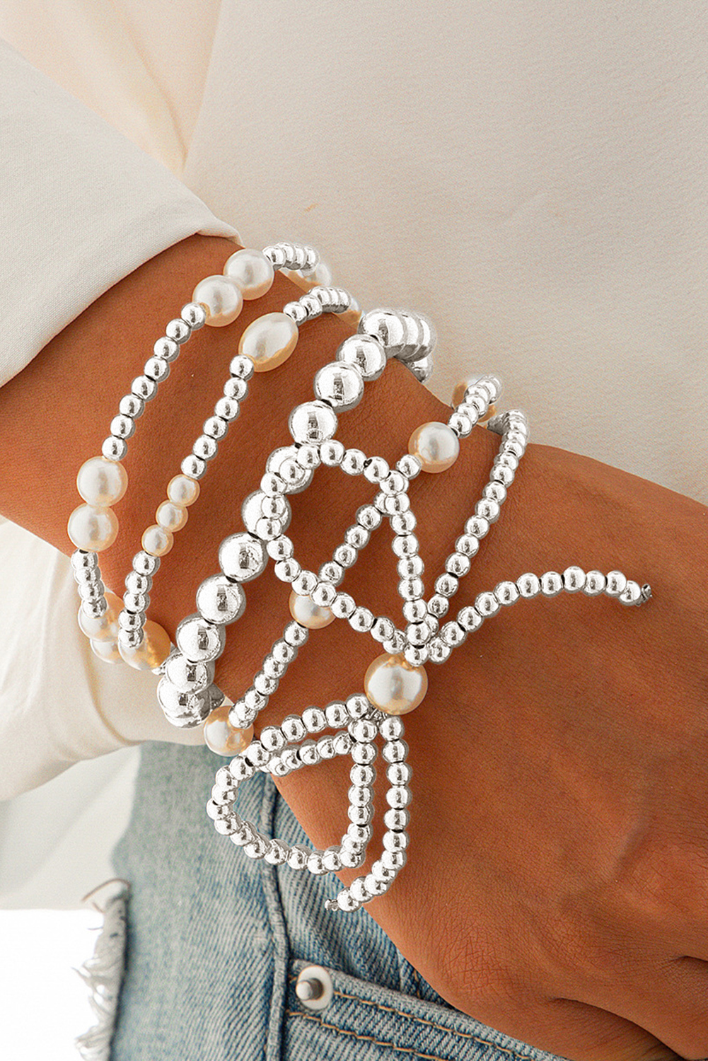 Silvery Bow Knot Pearl Beaded Multi Layered Bracelet Set - loveforevers