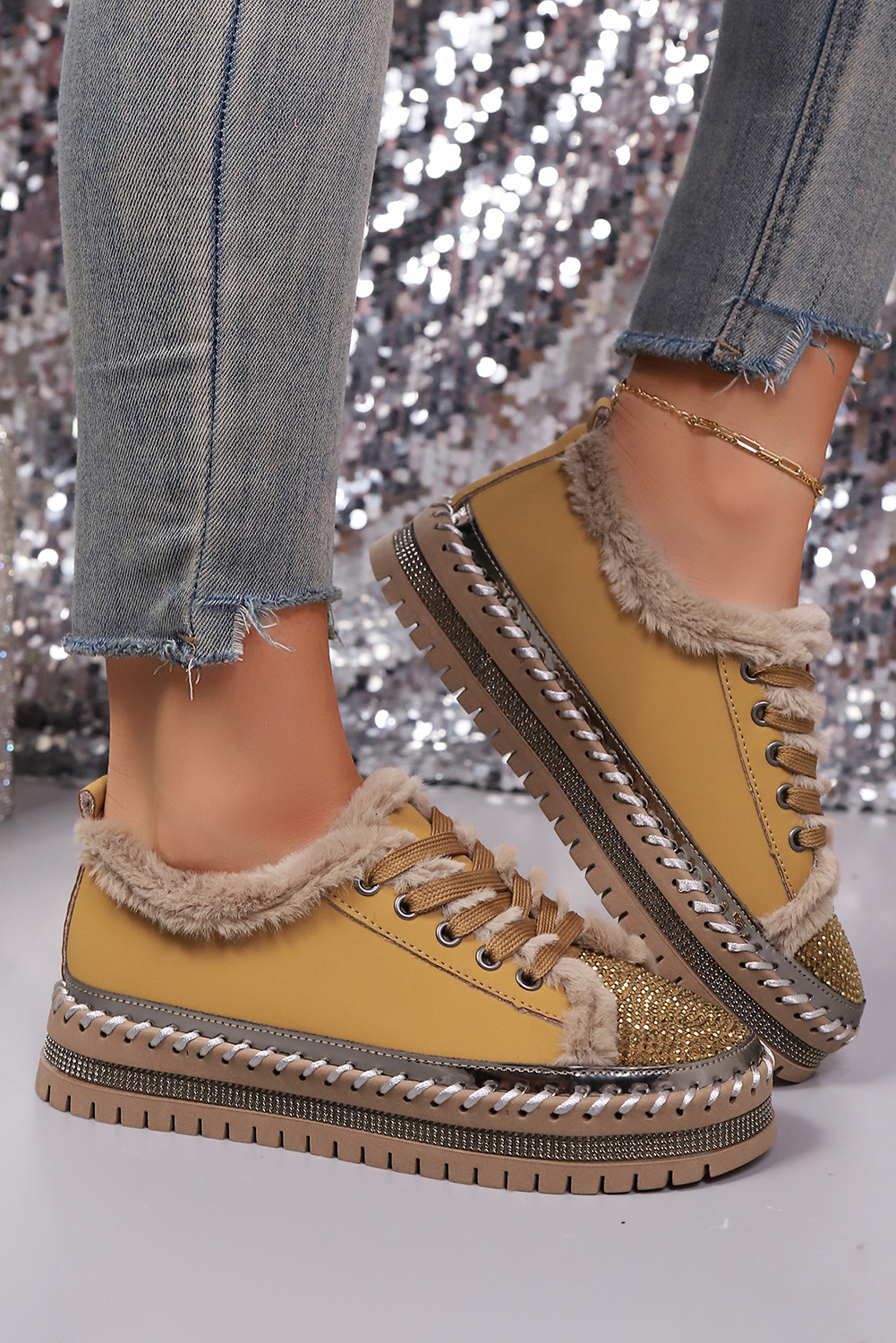Thai Curry Rhinestone Embellished Faux Fur Lining Lace-Up Flat Shoes - loveforevers