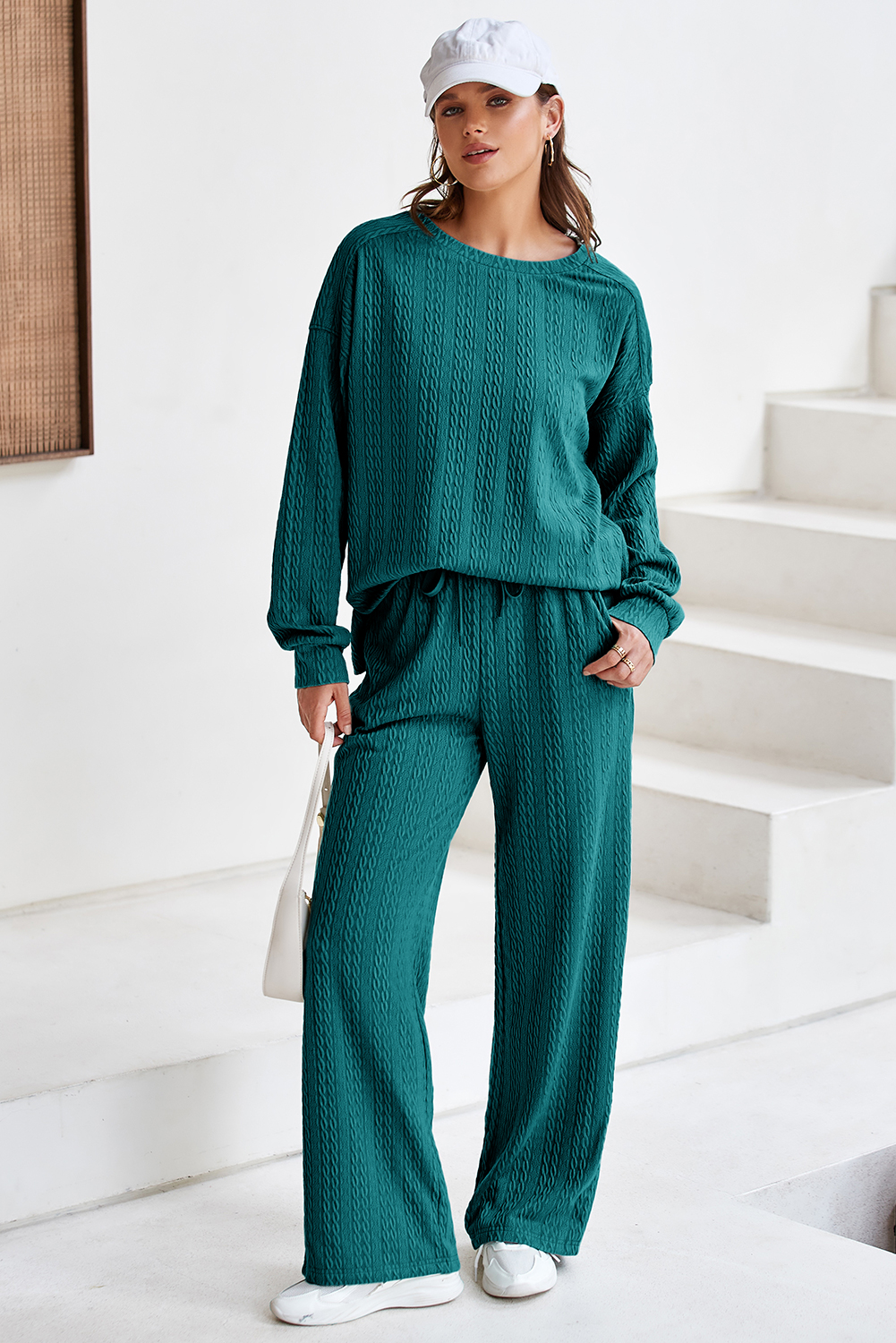 Smoke Green Textured Round Neck Sweatshirt & Loose Drawstring High Waist Pant Set - loveforevers