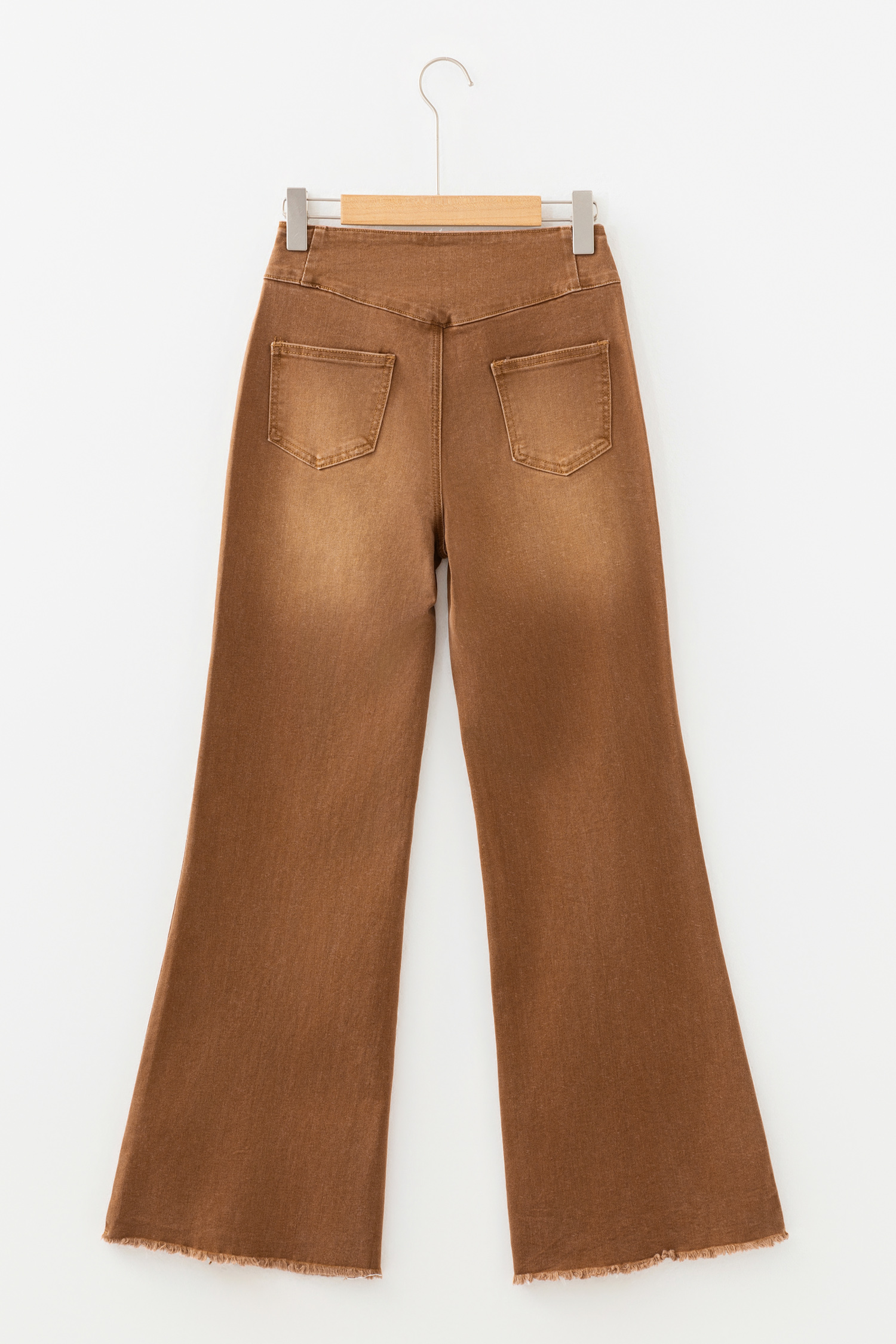 Coffee High Waist Button Fly Seamed Raw Hem Flare Jeans - loveforevers