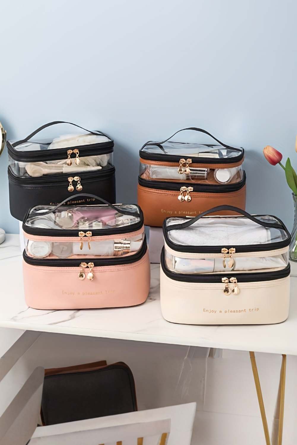 Pink Waterproof PVC Double-layer Cosmetic Bag - loveforevers