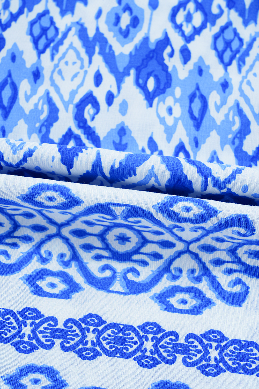 Blue Boho Printed 3/4 Sleeve Tied Neck Blouse - loveforevers