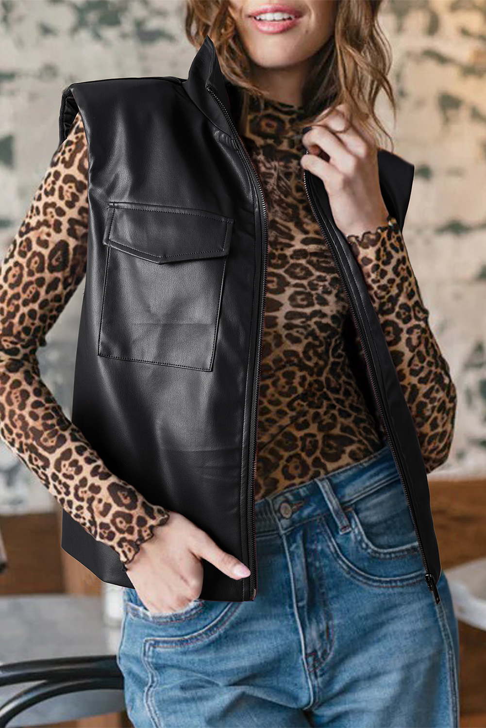 Black Double Flap Pocket Faux Leather Zip Up Stand Neck Vest - loveforevers