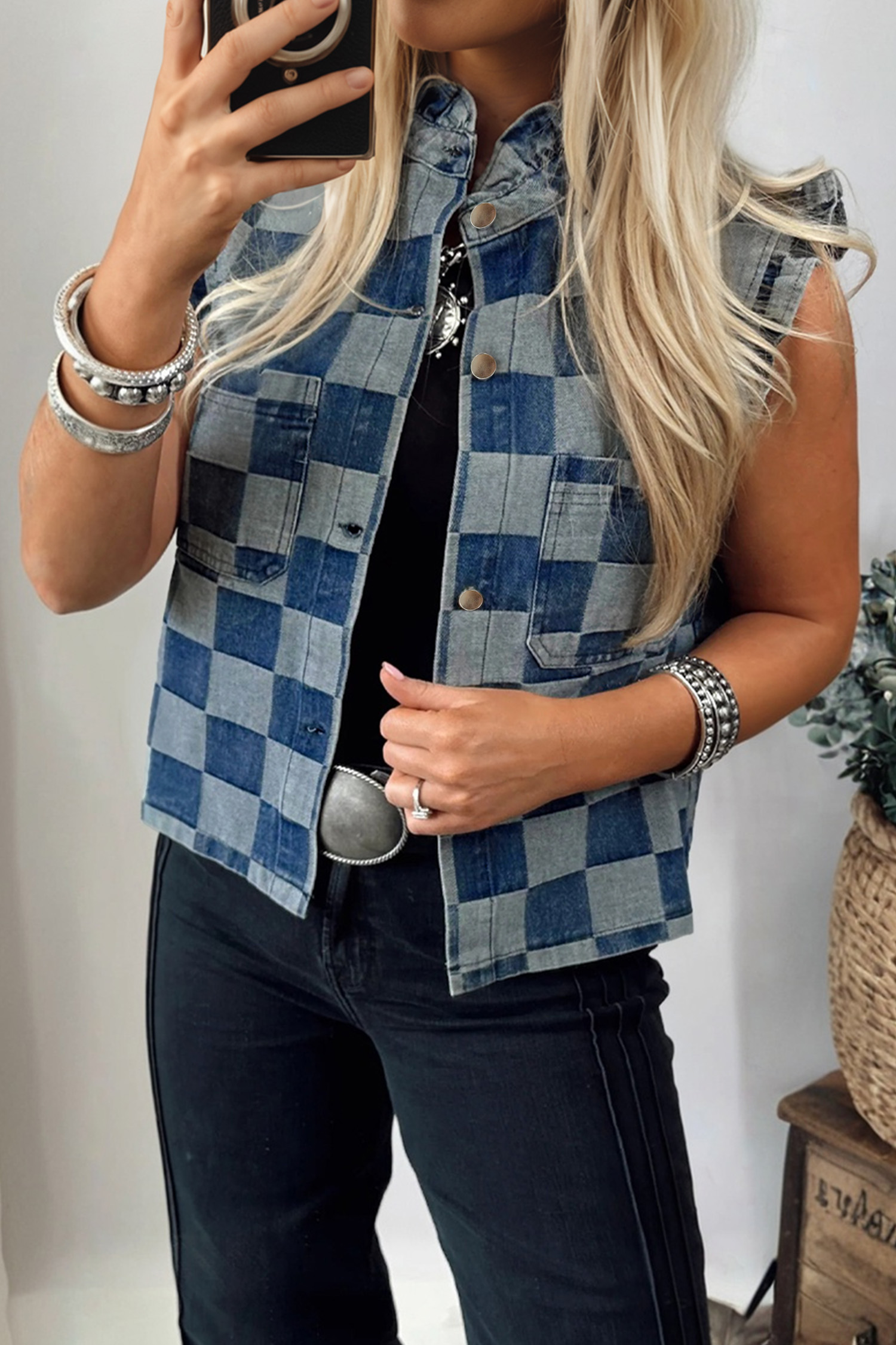 Beau Blue Checkered Ruffle Trim Button Down Denim Vest - loveforevers