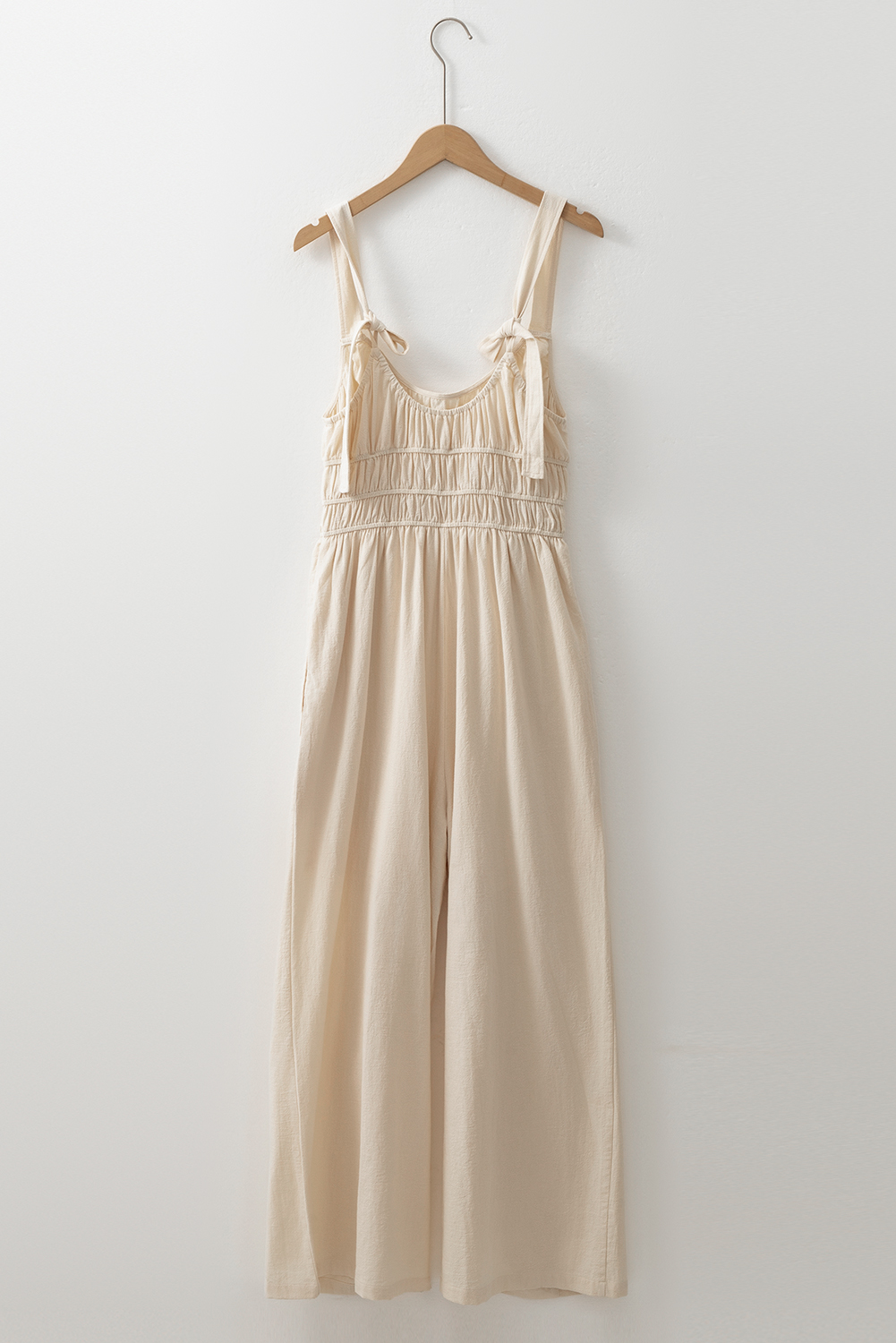 Beige Ruched High Waist Sleeveless Wide Leg Jumpsuit - loveforevers