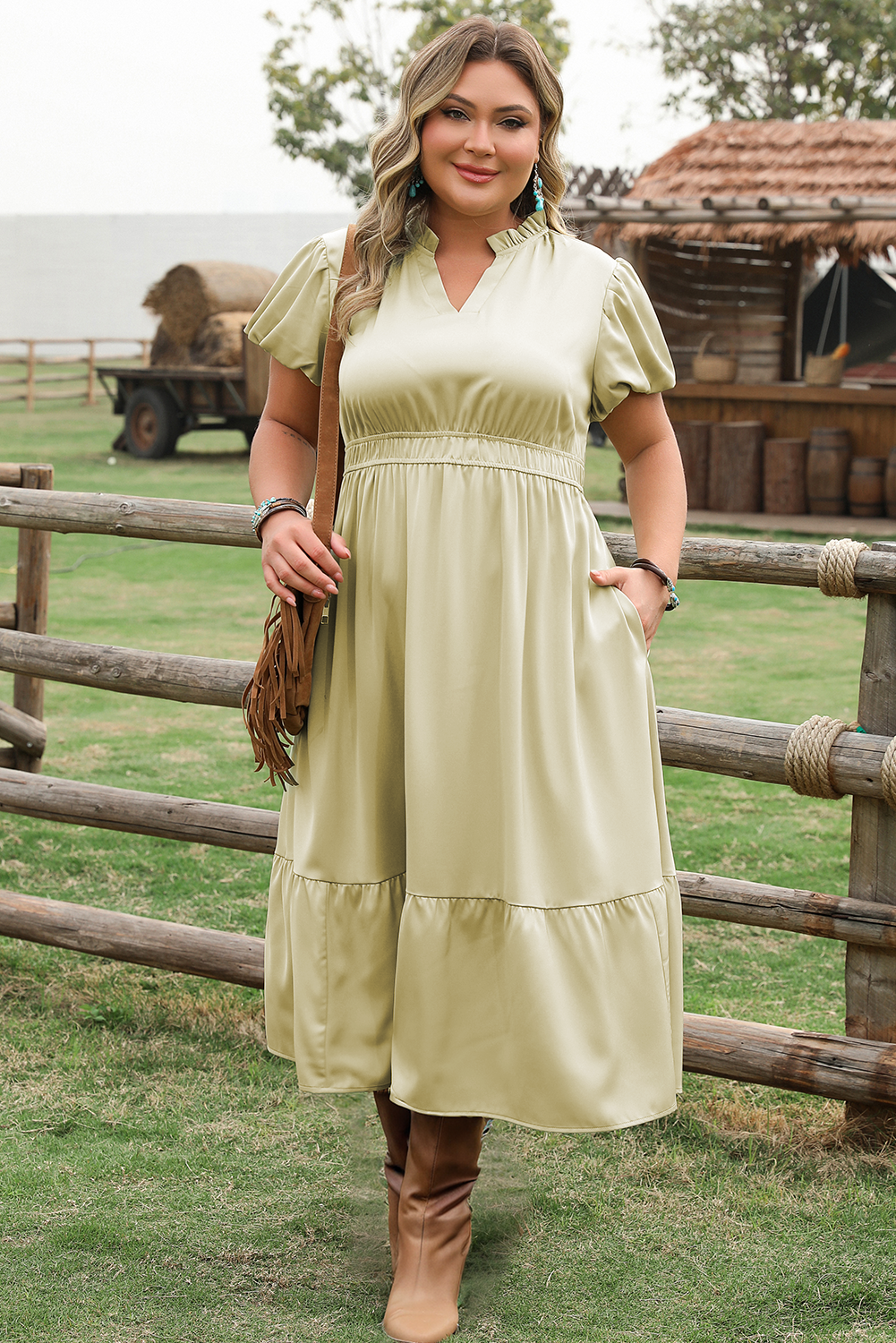 Laurel Green Notched V Neck Puff Sleeve Tiered Plus Size Maxi Dress - loveforevers