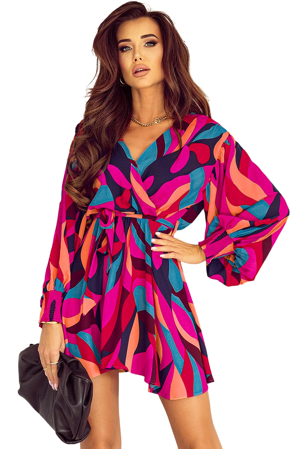Fiery Red Abstract Printed Belted Puff Sleeve Mini Dress - loveforevers
