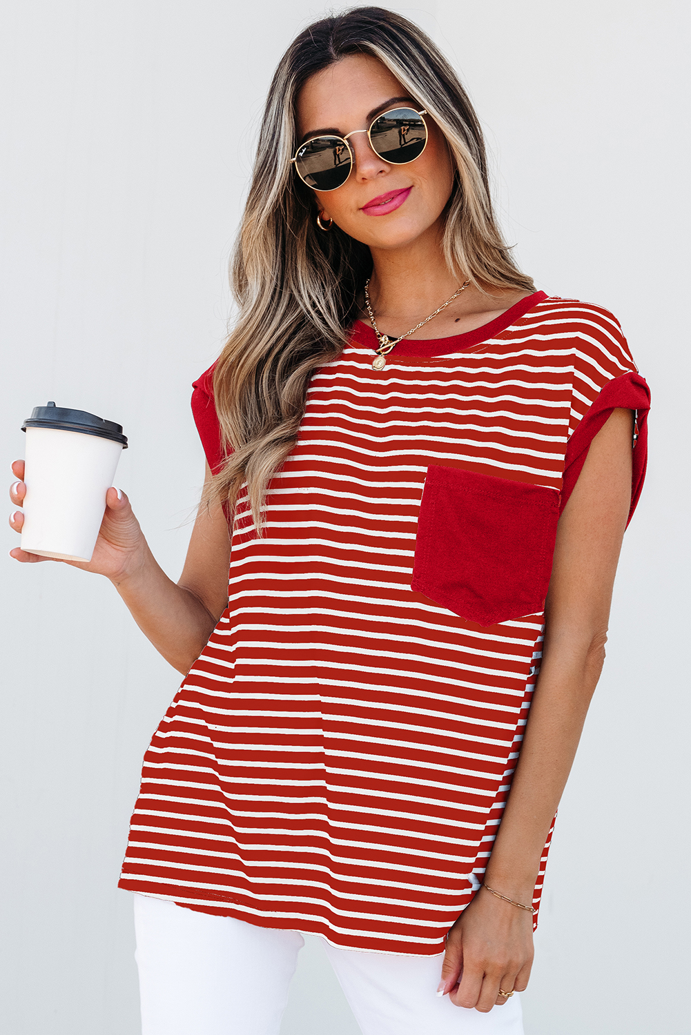 Red Stripe Chest Pocket Patch Round Neck Tank Top - loveforevers