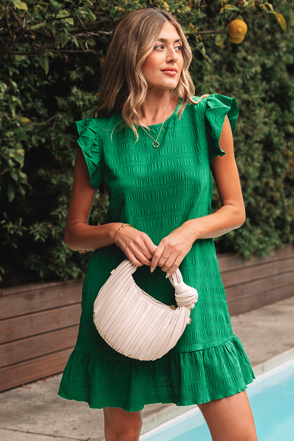 Dark Green Textured Ruffled Sleeve Round Neck Top - loveforevers