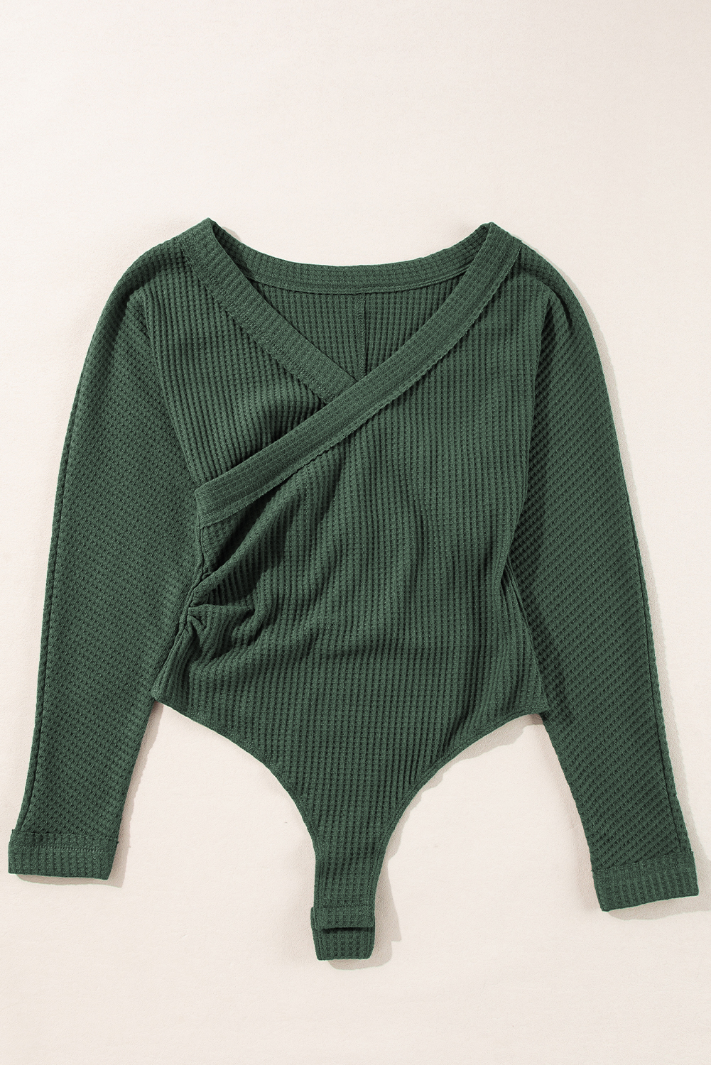 Blackish Green Waffle Knit Slim Fit Wrap V Neck Bodysuit - loveforevers