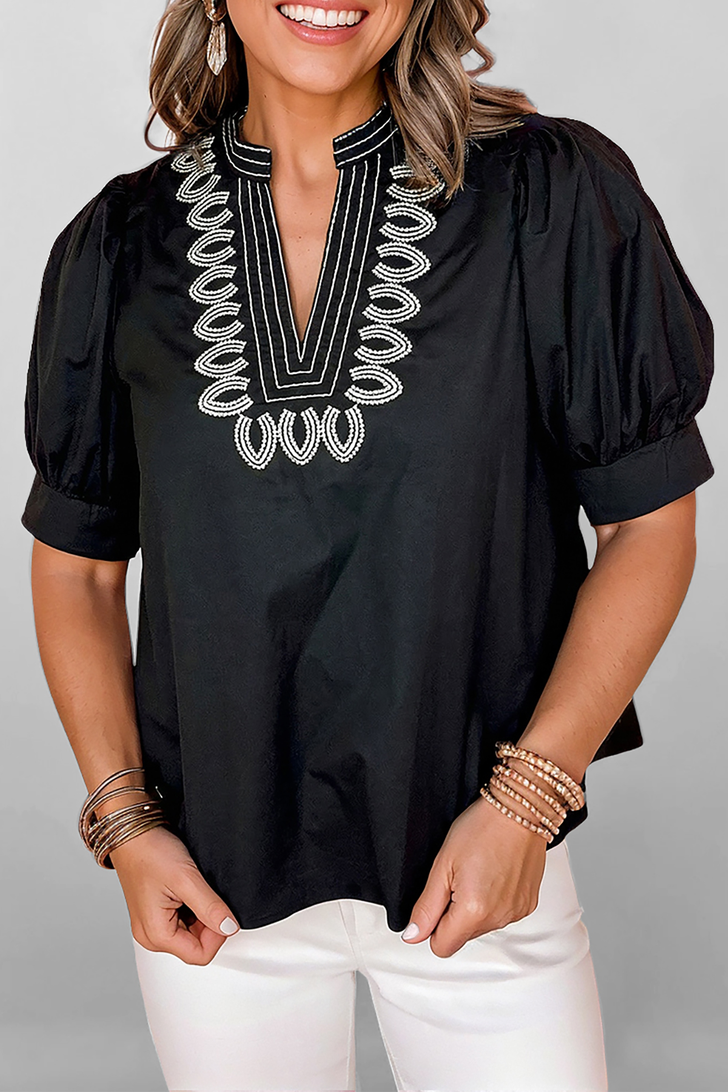 Black Short Puff Sleeve Contrast Embroidered Detail V Neck Blouse - loveforevers