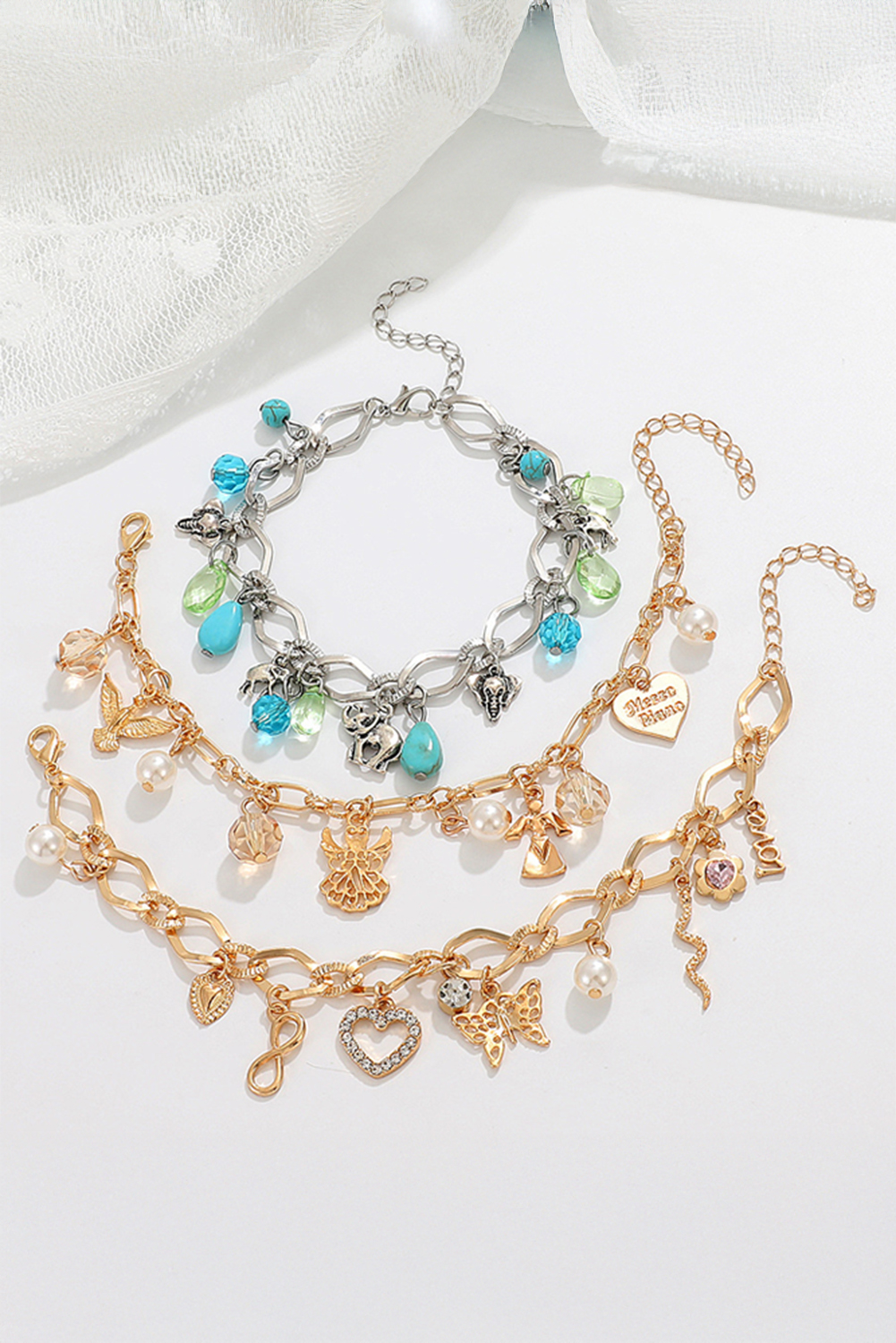 Gold Heart Butterfly Pearl Charm Plated Alloy Bracelet - loveforevers