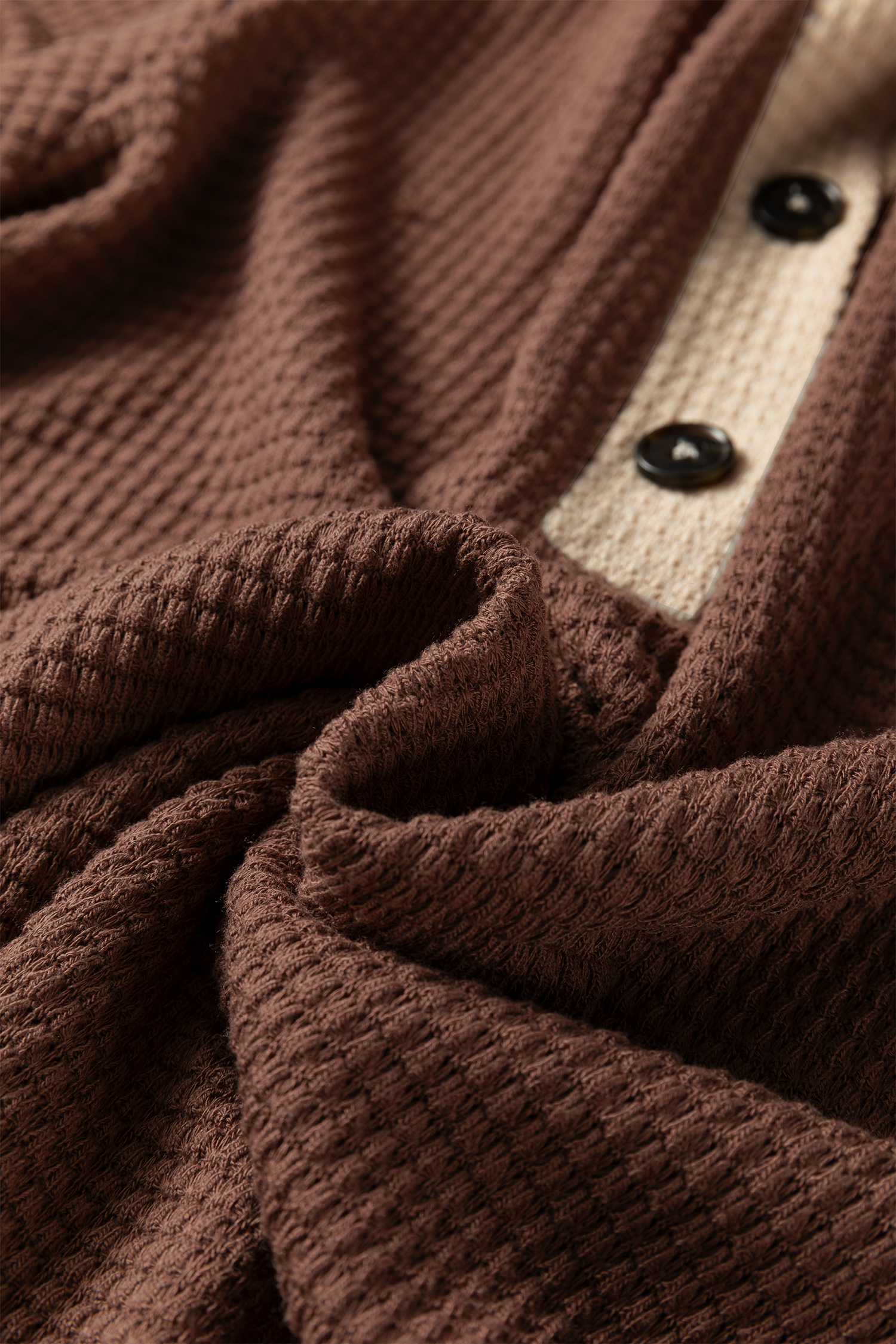 Coffee Waffle Contrast Half Buttoned Hooded Pullover Top - loveforevers