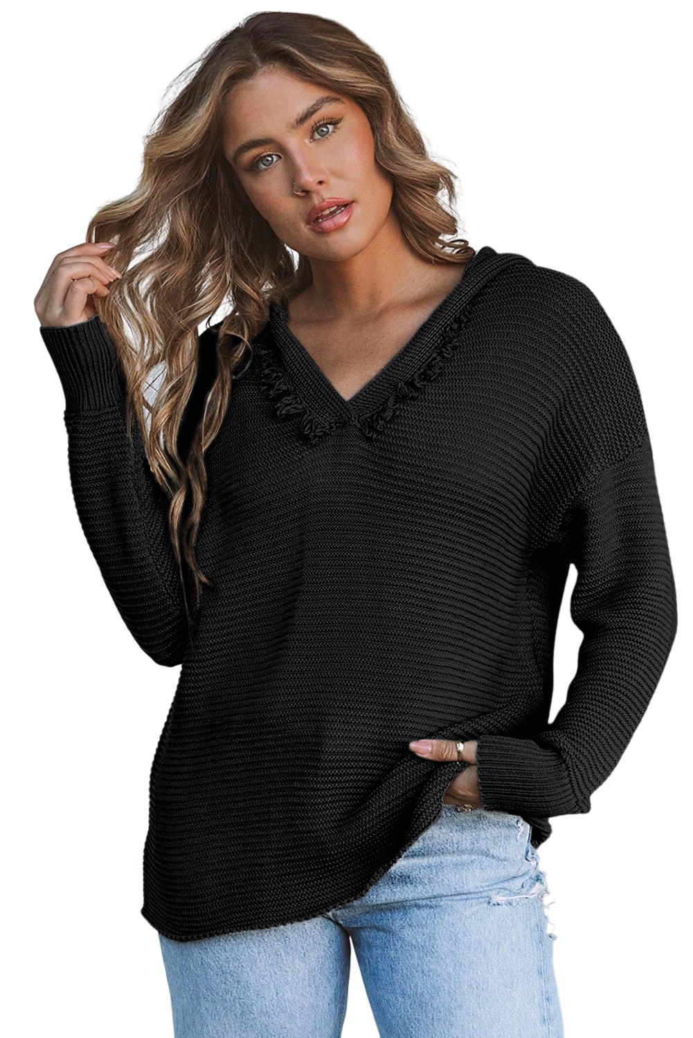 V Neck Ribbed Drop Shoulder Hooded Sweater - loveforevers