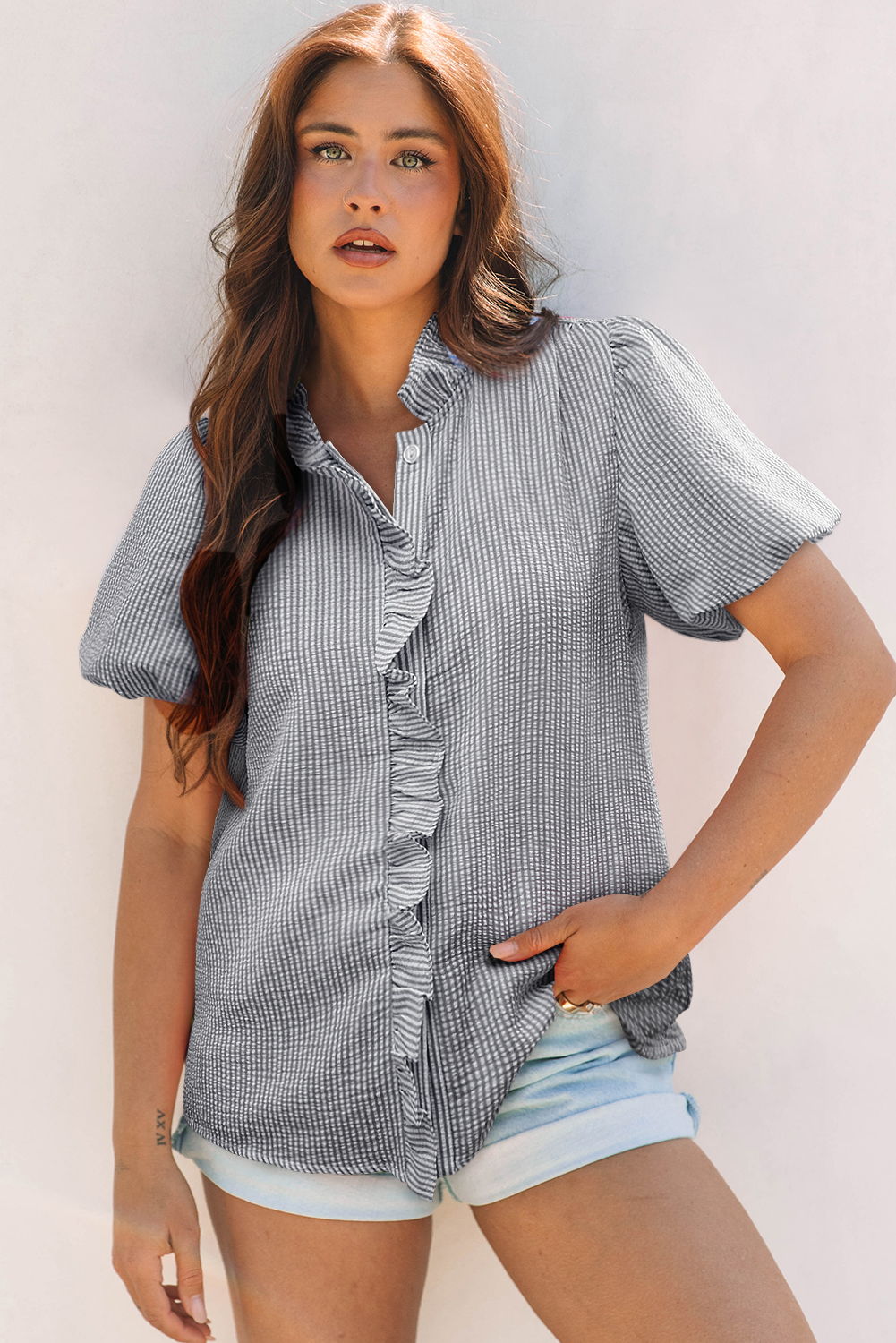 Black Striped Ruffle Short Bubble Sleeve Shirt - loveforevers