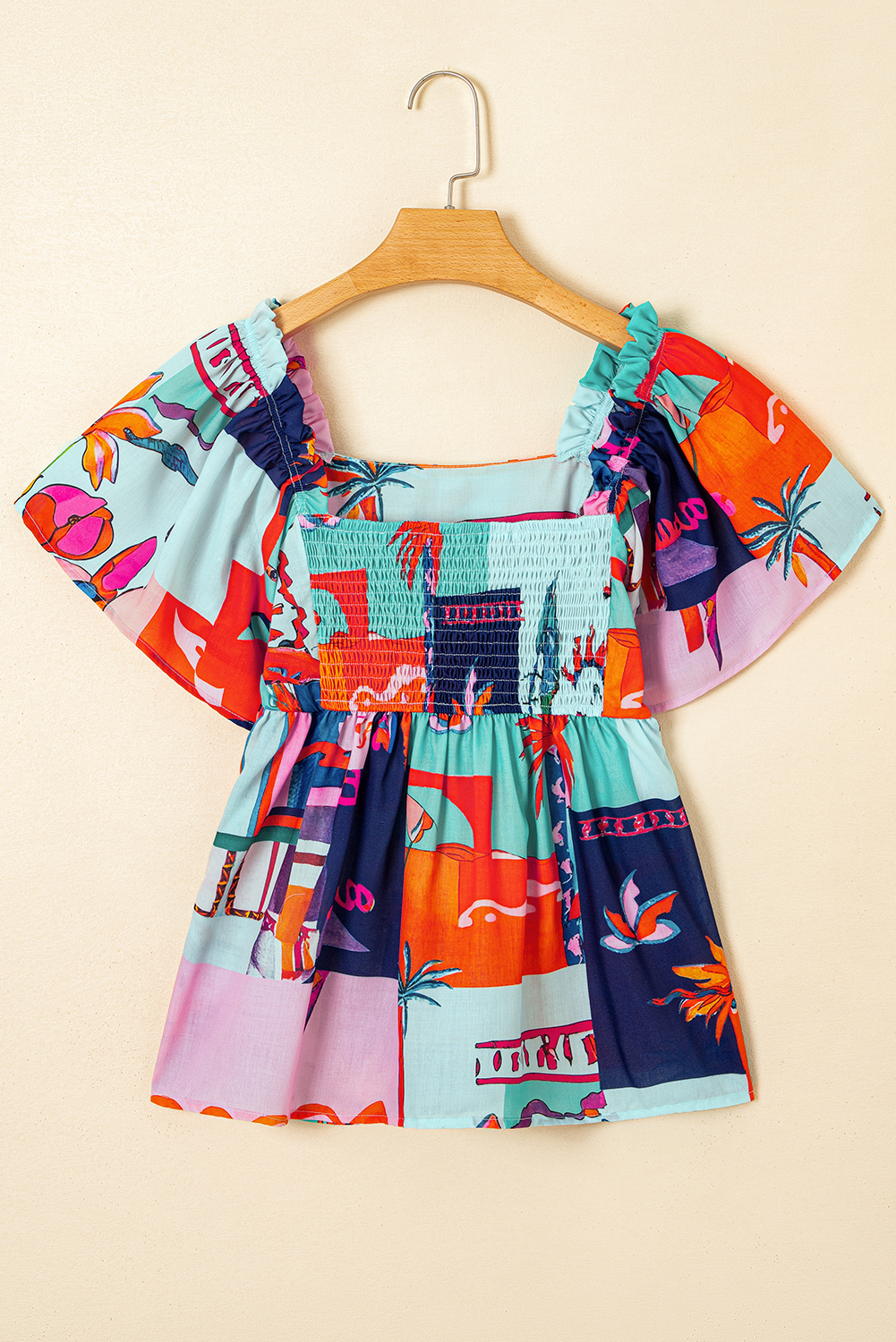 Sky Blue Tropical Printed Square Neck Flutter Sleeve Babydoll Blouse - loveforevers