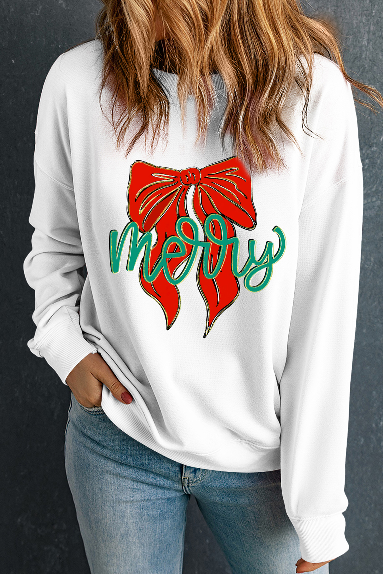 White merry Festive Bow Print Drop Shoulder Loose Pullover Sweatshirt - loveforevers