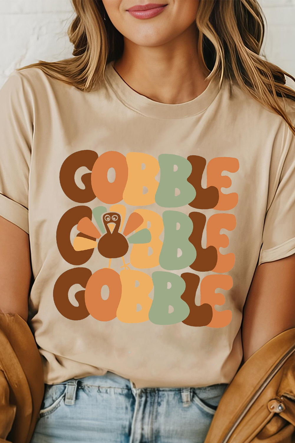Khaki GOBBLE Turkey Print Thanksgiving Fashion Tee - loveforevers