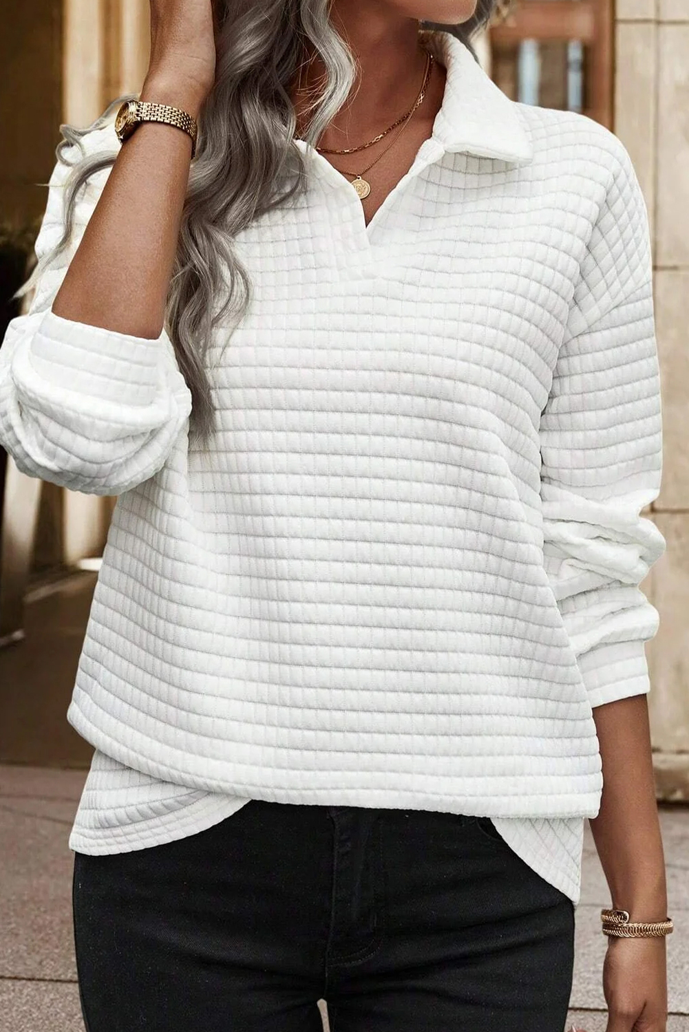 White Quilted Texture Sporty Collared Long Sleeve Top - loveforevers