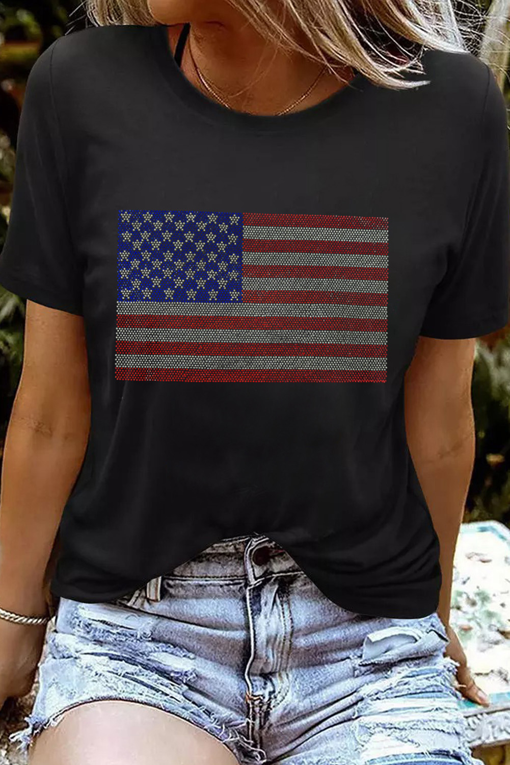 Black Rhinestone American Flag Round Neck Casual Tee - loveforevers