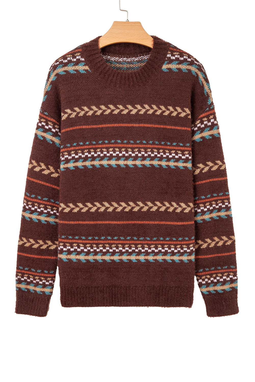 Brown Ethnic Pattern Mohair Knitted Drop Shoulder Sweater - loveforevers