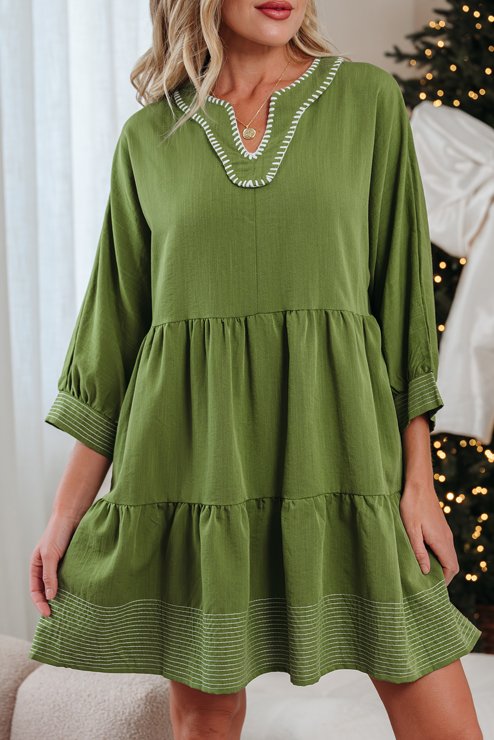 Black Contrast Stitched V Neck 3/4 Sleeve Tiered Mini Dress - loveforevers