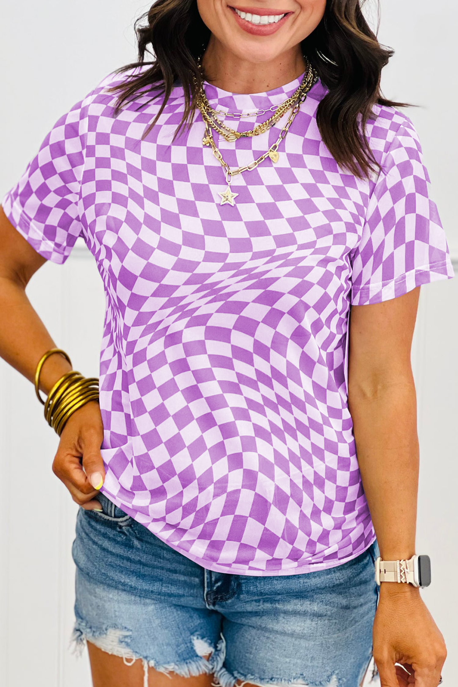 Purple Checkered Print Mock Neck Mesh T Shirt - loveforevers