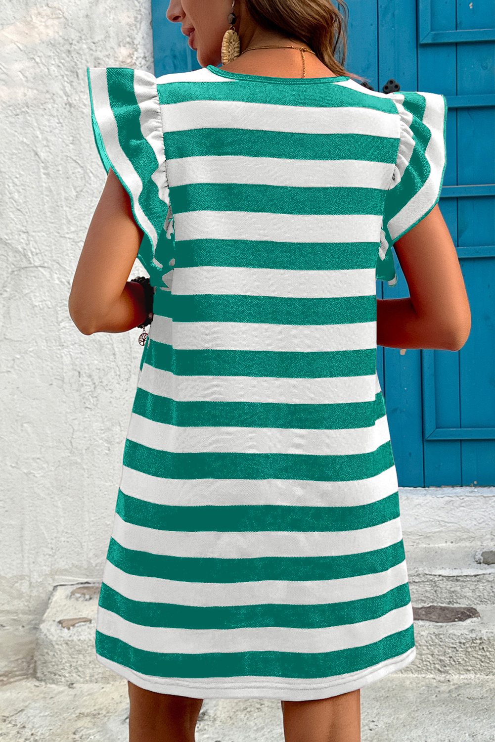 Green Stripe Flutter Sleeve Round Neck Shift Dress - loveforevers