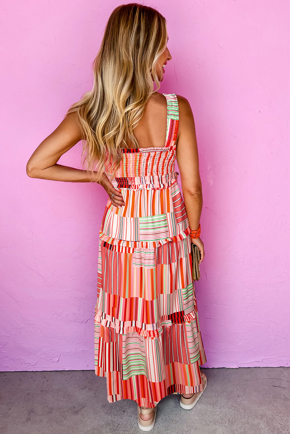 Carrot Mix Striped Wide Straps Smocked Tiered Maxi Dress - loveforevers