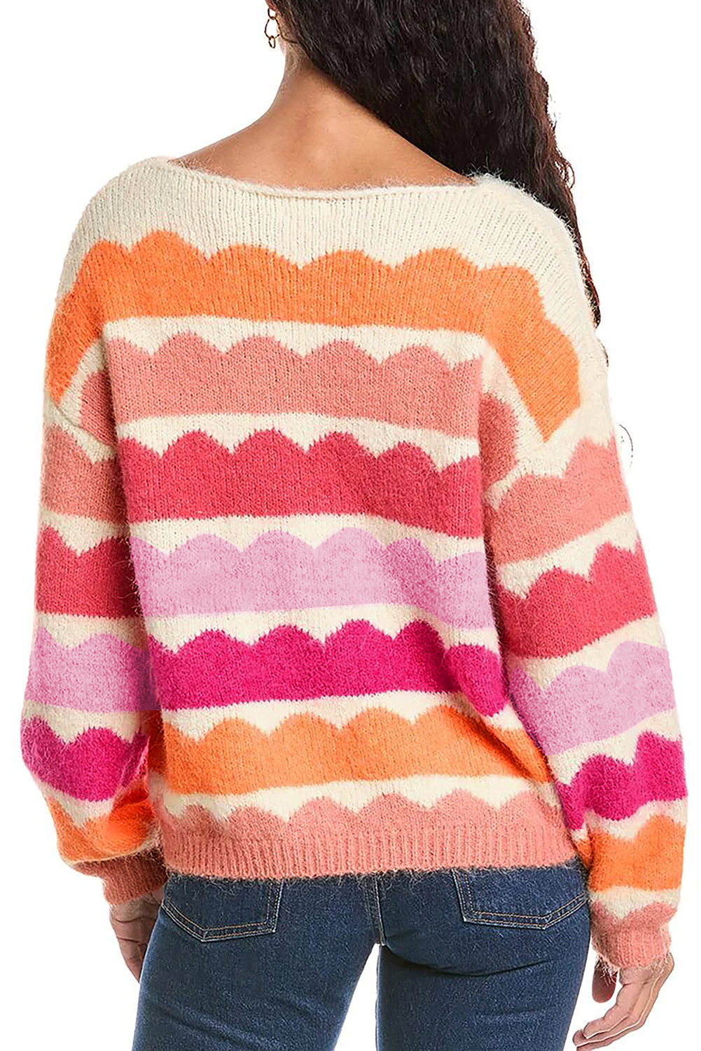 Rose Red Wave Striped Balloon Sleeve Drop Shoulder Sweater - loveforevers