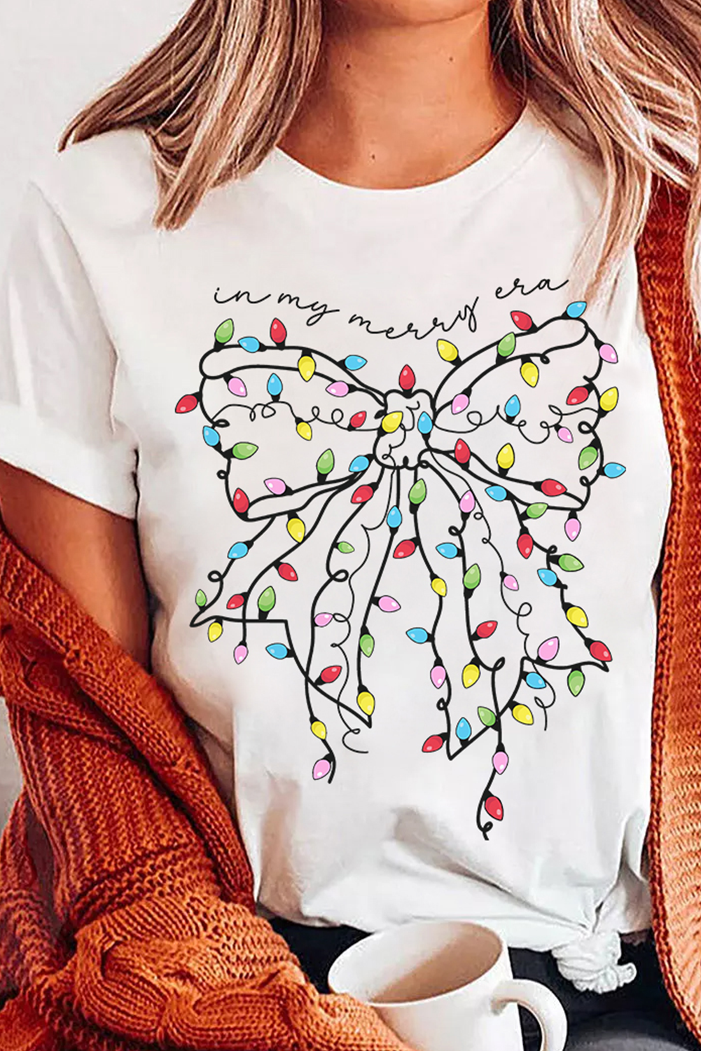 White Colored Light Bowknot Graphic Crewneck T Shirt - loveforevers