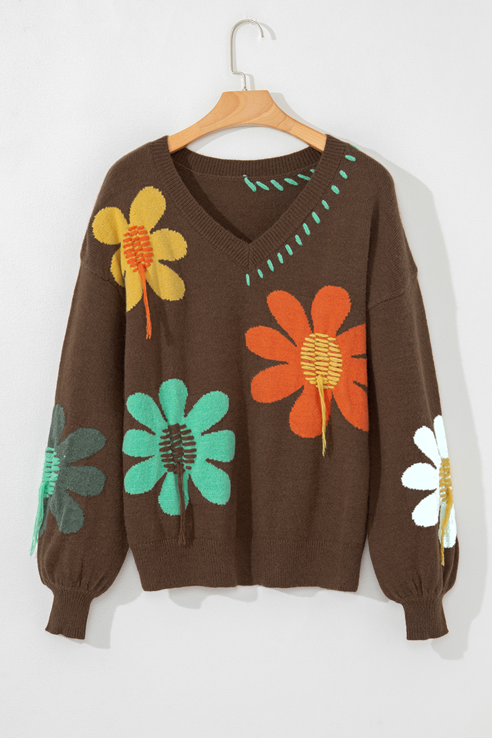 Coffee Big Flower Pattern V Neck Drop Shoulder Sweater - loveforevers