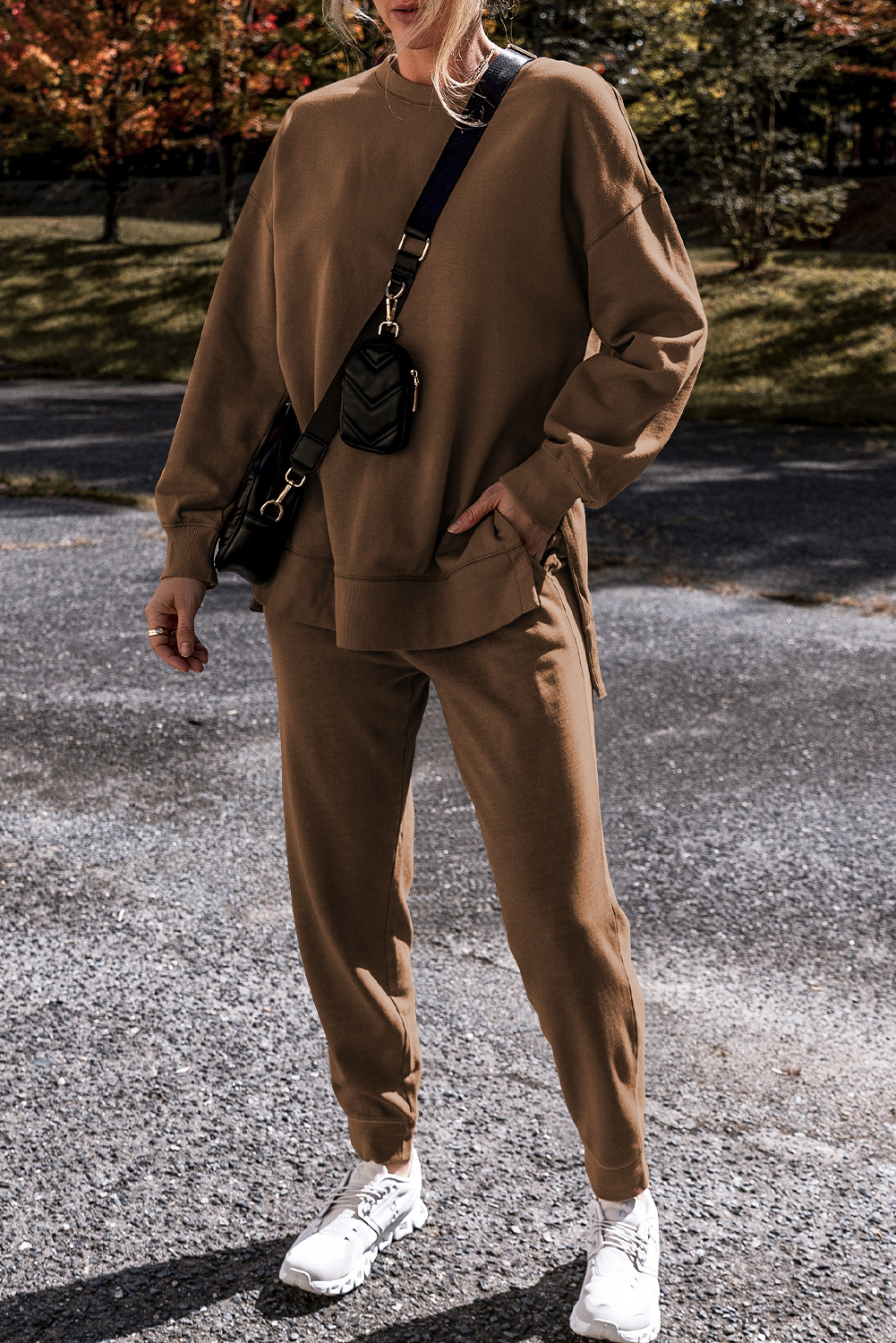 Coffee Solid Color High Low Pullover and Skinny Pants Set - loveforevers